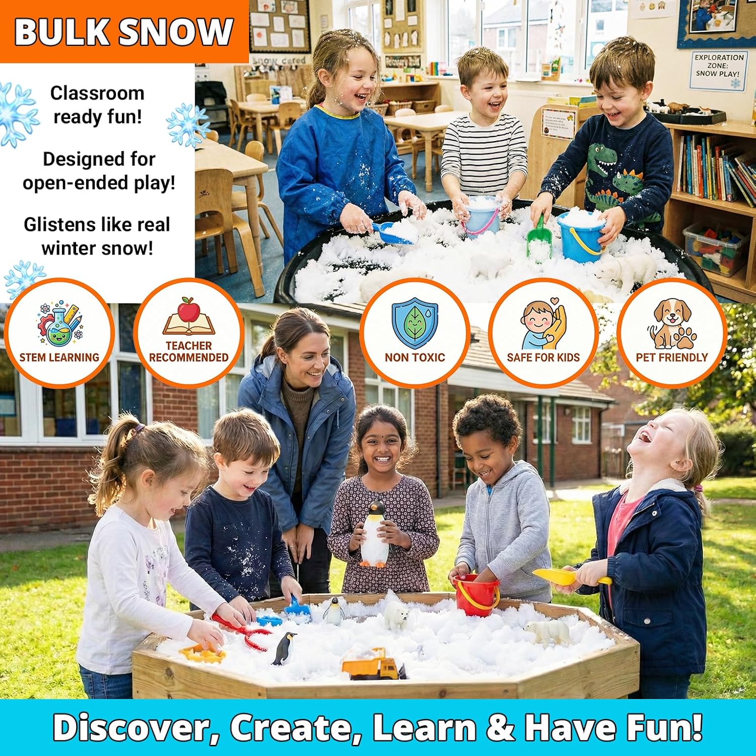 PARTY GOAT Fake Snow Powder, 200 Gallon Bulk Instant Snow for Parties, Events & Big Play Areas, 33lb. Realistic Artificial Snow for Indoor & Outdoor Use, Sensory & Christmas Décor