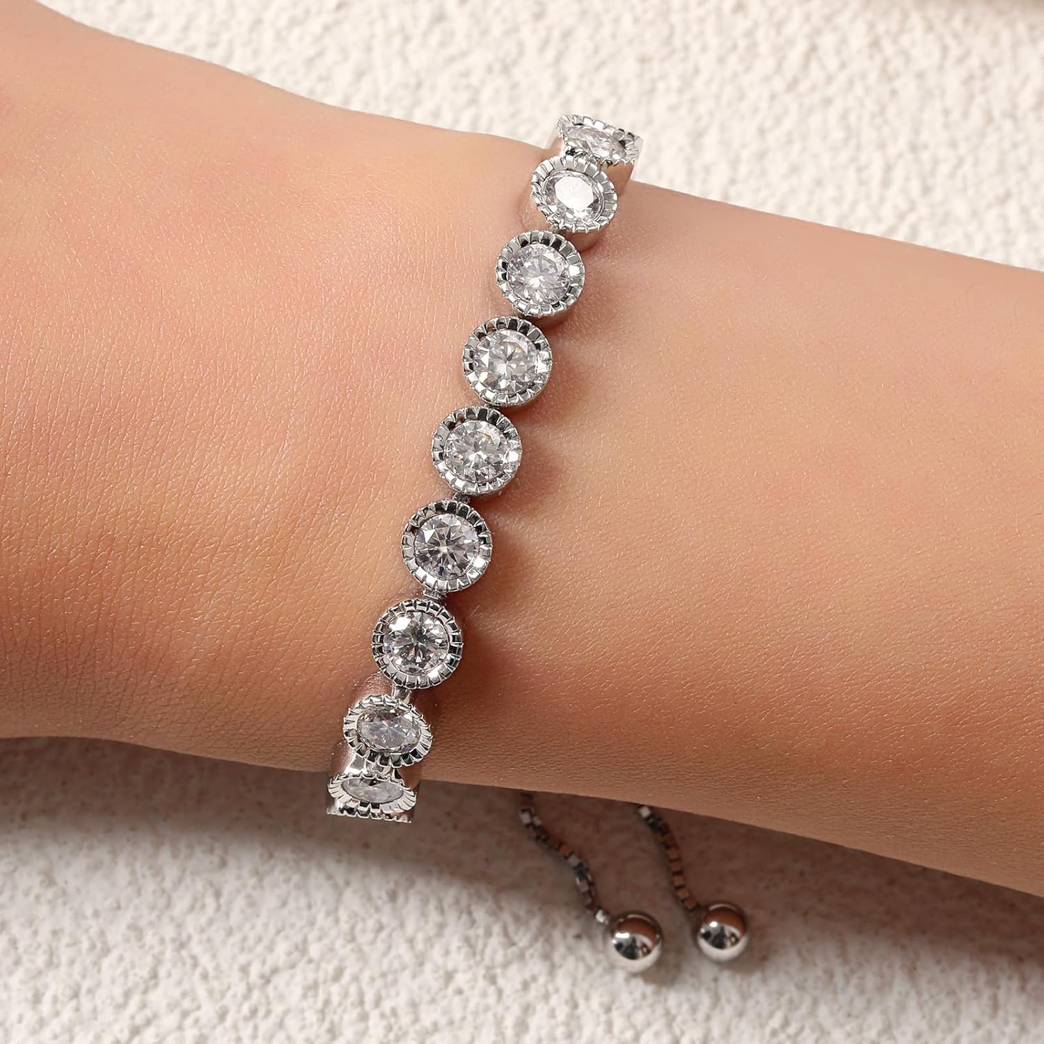 LANE WOODS Moissanite Tennis Bracelets Women: Adjustable 8.5ct Simulated Diamond Chain Slider - 18K White Gold Plated 925 Sterling Silver Bracelets - Trendy Jewelry Gifts