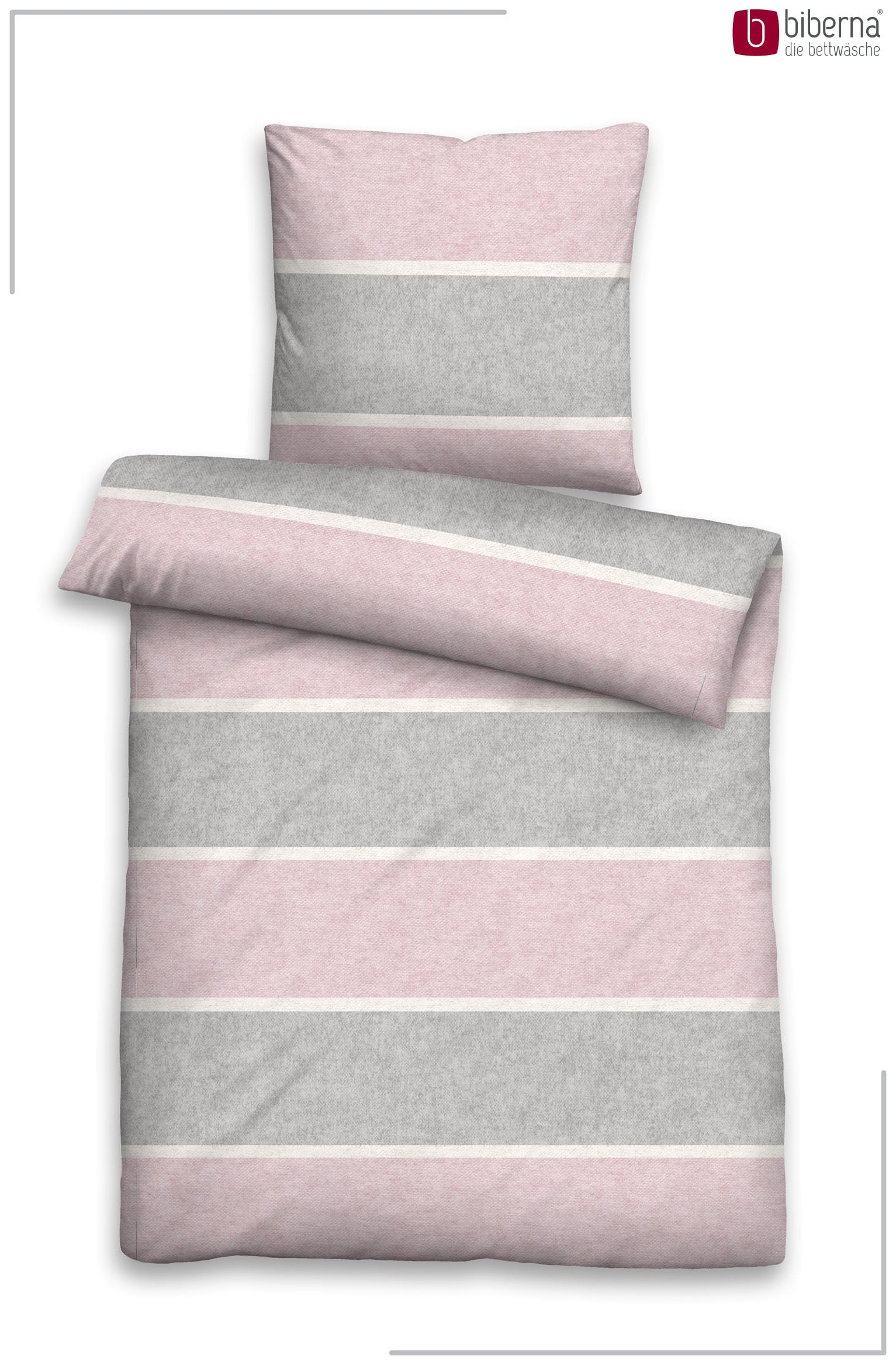 biberna Premium Melange-Flanell Bettwäsche 155x220 cm rosa | Biber 2-teilig mit Kissenbezug 80x80 cm | 100% Baumwolle | wärmend & weich | Reißverschluss | Winterbettwäsche | Streifen | Modell 0840506