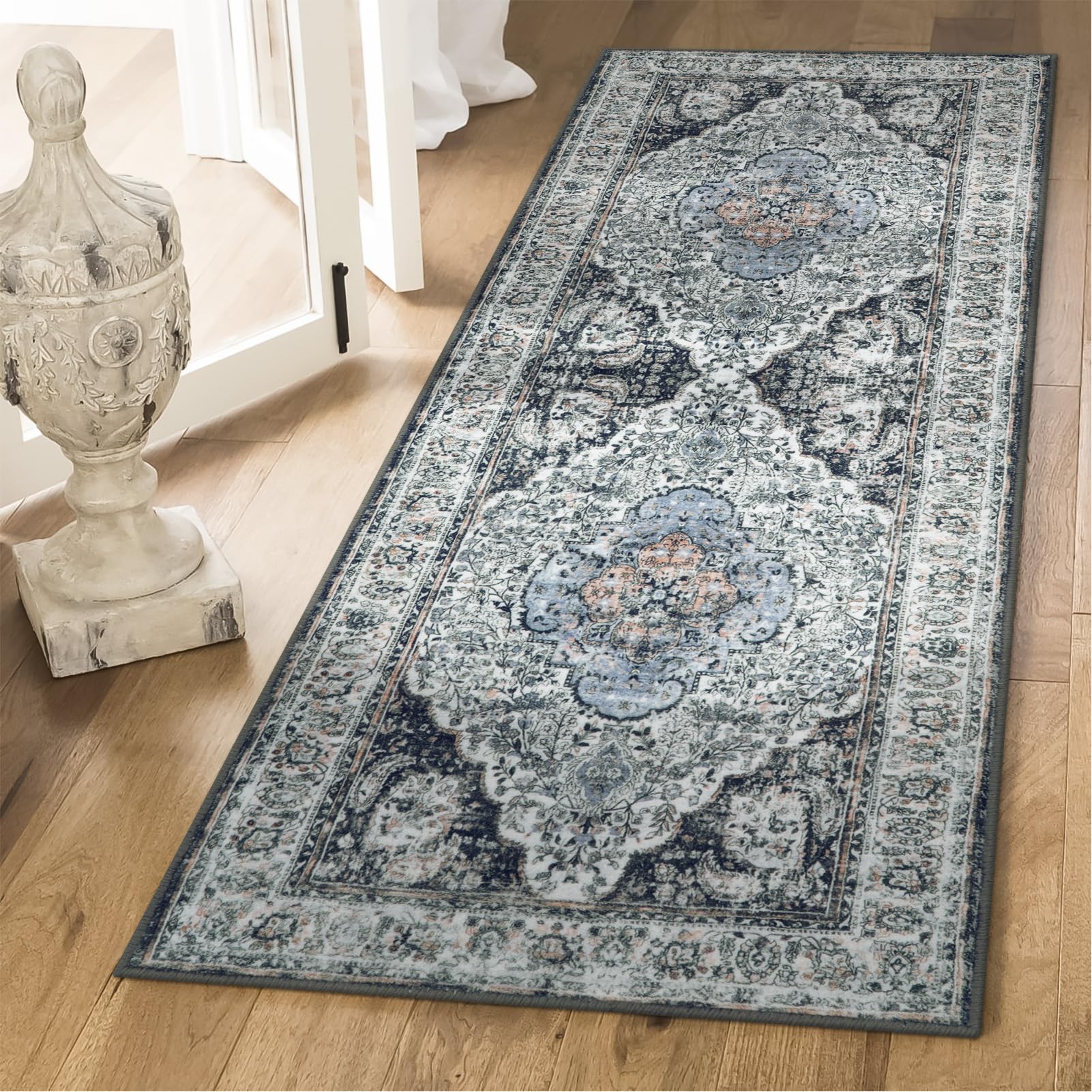 LahomeVintage Floral 2x6 Entryway Runner Rug,Washable Non Slip Backing Bathroom Rug Runner Bohemian Tribal Geometric Patterned Bedroom Kitchen Oriental Runner Carpets,Dark Gray
