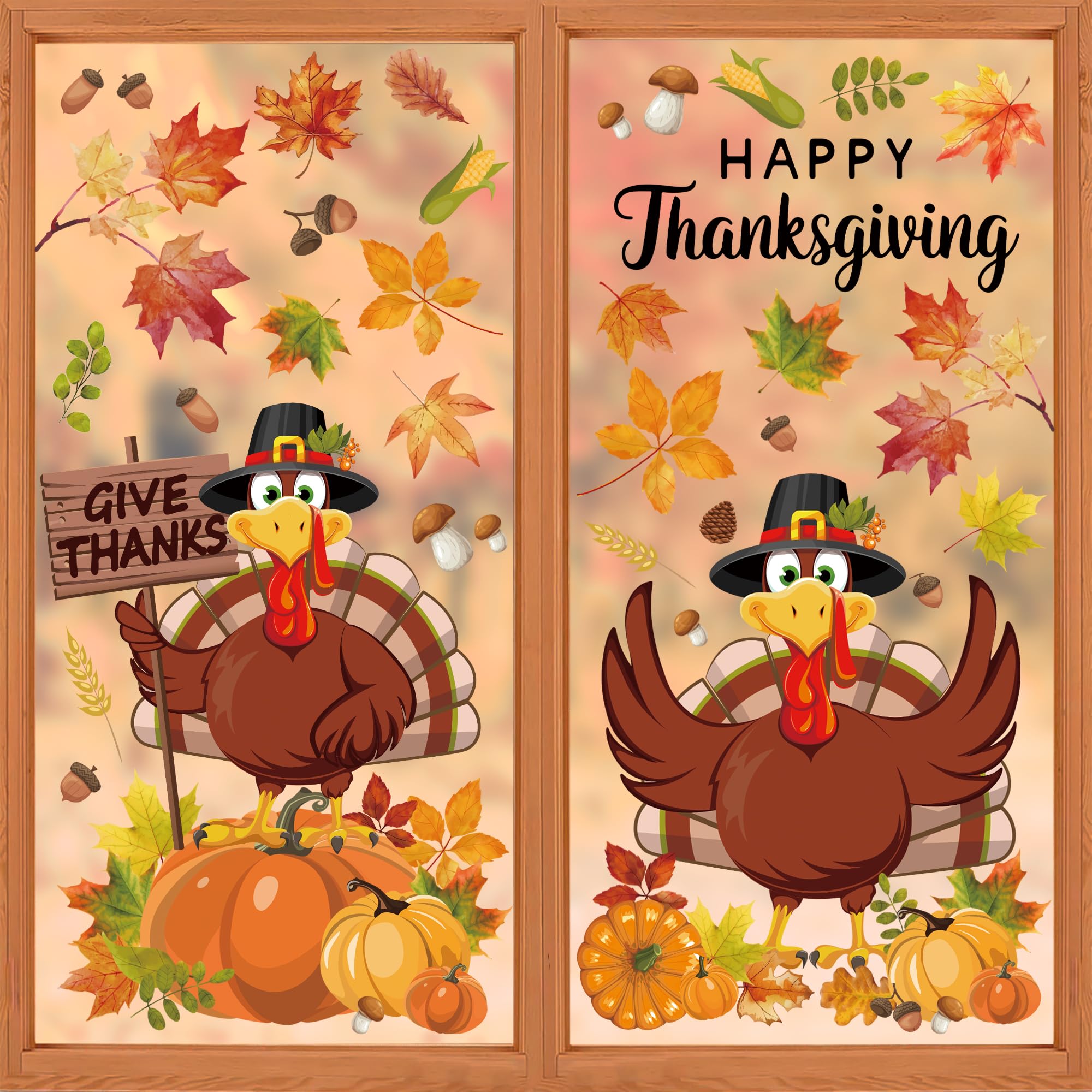 9 Sheets Thanksgiving Window Clings Double Sided Turkey Window Decals Pumpkin Fall Leaves Windows Decal Stickers for Thanksgiving Fall Autumn Glass