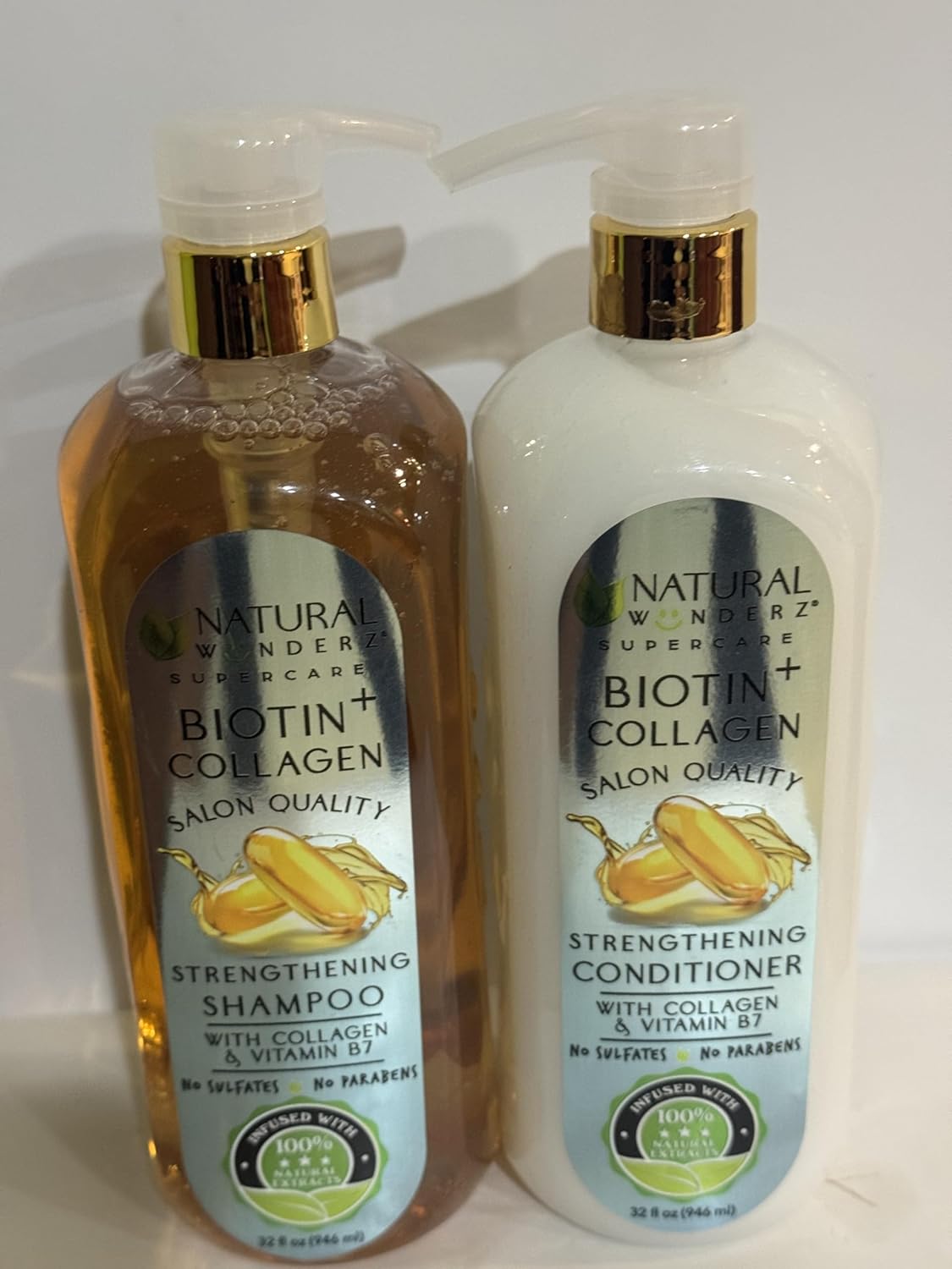 Natural Wunderz Biotin + Collagen & vitamin B 7 strengthening Shampoo & Conditioner Hair Growth, Bonus 2-Pack, USA Made, Salon quality