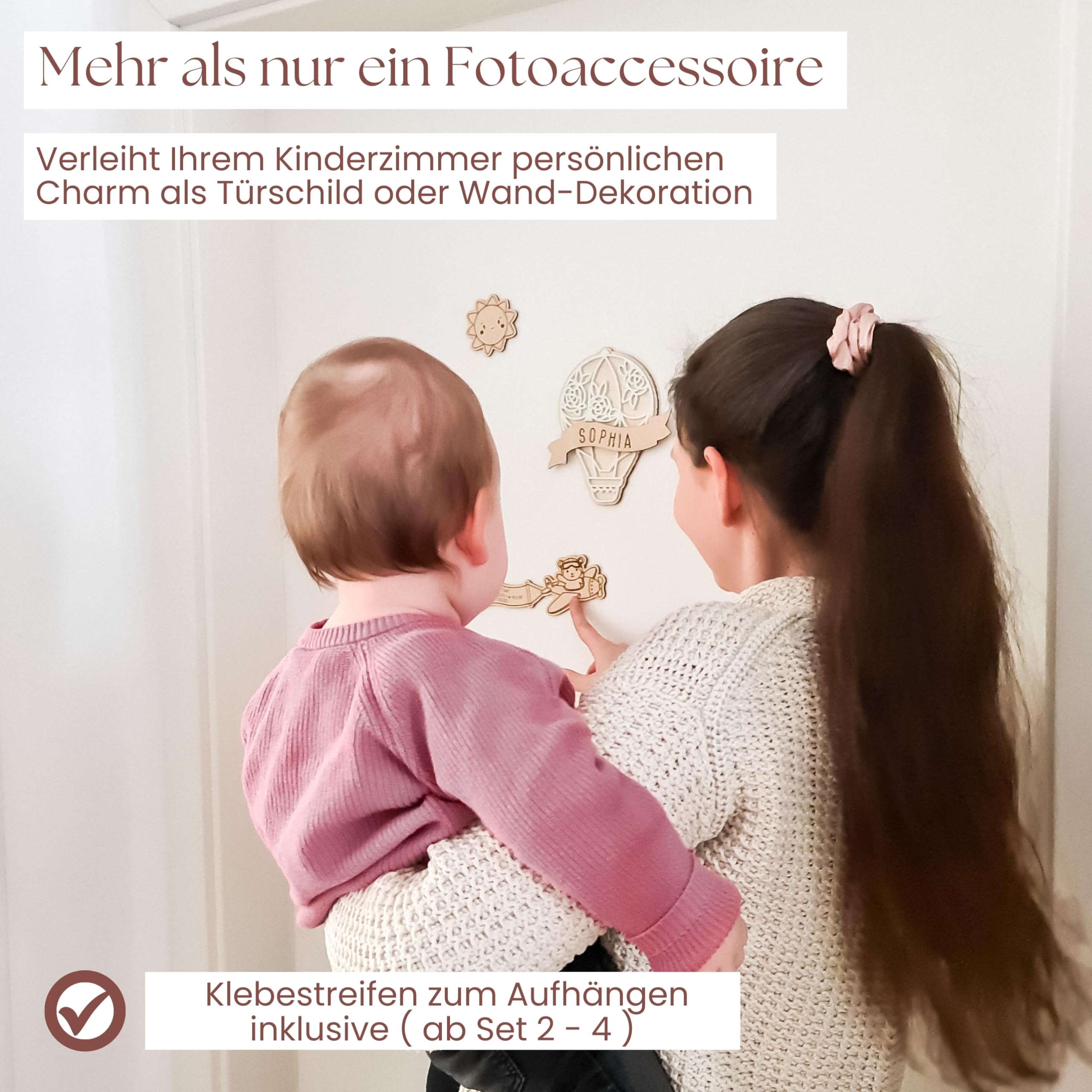 Meilensteinkarten Baby Holz 1-12 Monate personalisiert – Mädchen & Jungen Heißluftballon (Set 4) Komplett-Set)
