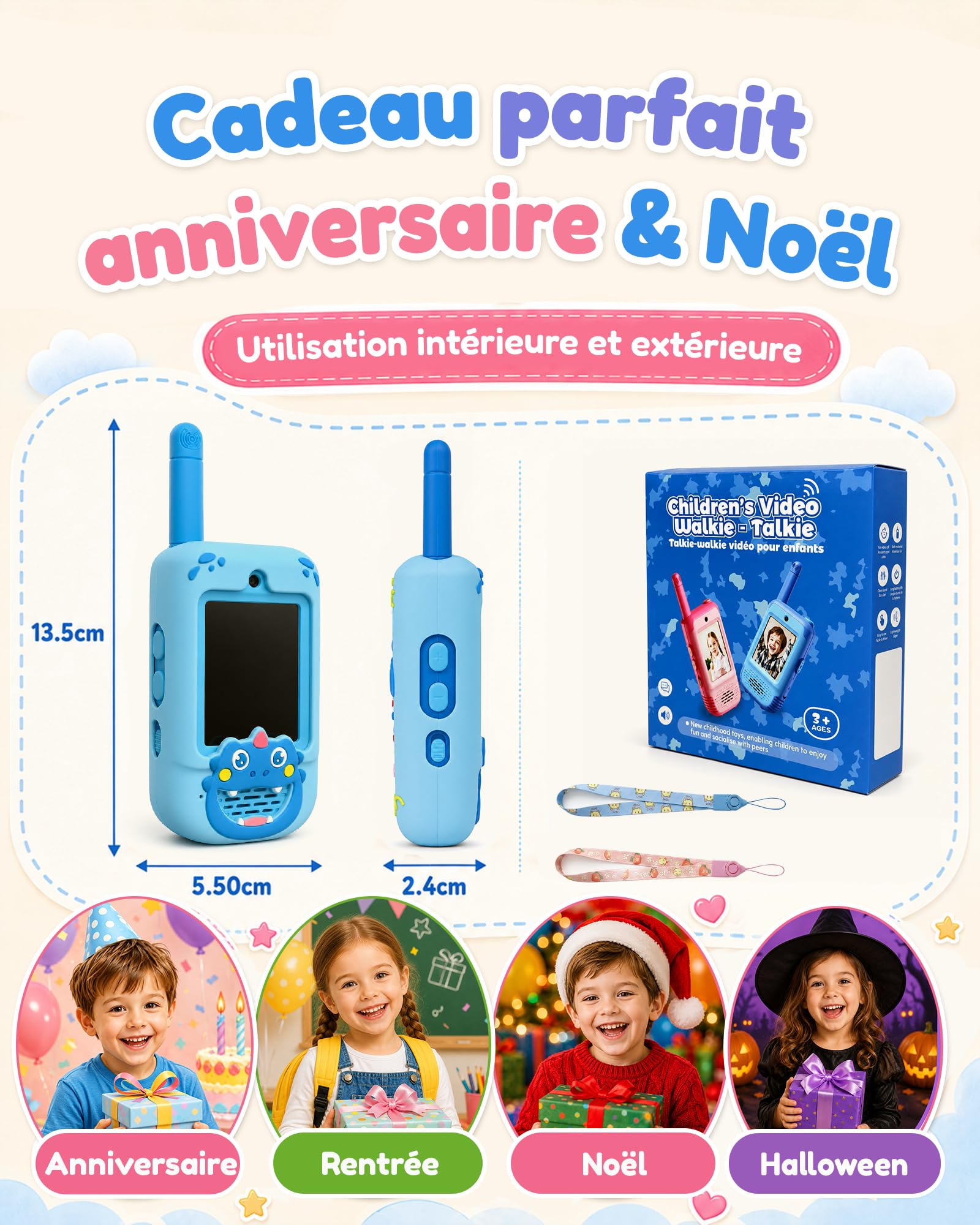 KOKODI Talkie-walkie Vidéo pour Enfants 3 à 9 Ans, Talkies Radio Rechargeables avec Écran Temps Réel et Coques Silicone Fun (Dinosaure Bleu & Licorne Rose)