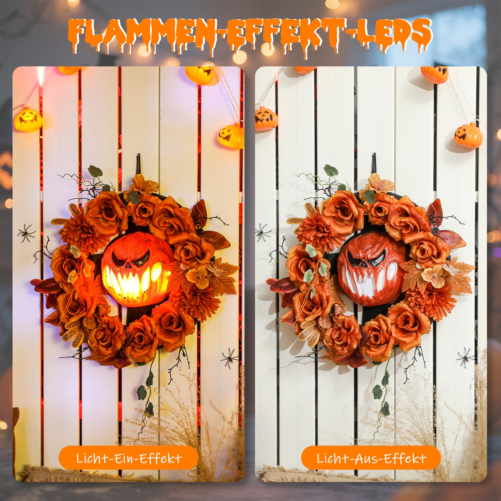 Outsunny Wiszący dyniowy wieniec z 44 diodami LED na drzwi i ogród | Dekoracja Halloween, Efekt płomienia, Straszna twarz dyni, Kwiaty, na imprezę