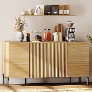 WAMPAT Fluted Sideboard Buffet Cabinet, 61.6" Kitchen Storage Cabinets with 4 Doors & Shelves, Modern Coffee Bar Accent Cabinet Wood Credenza for Dining Room, Living Room, Entryway, Oak | 4 Doors, Shelves, Modern Coffee Bar, Accent Cabinet, Wood Credenza