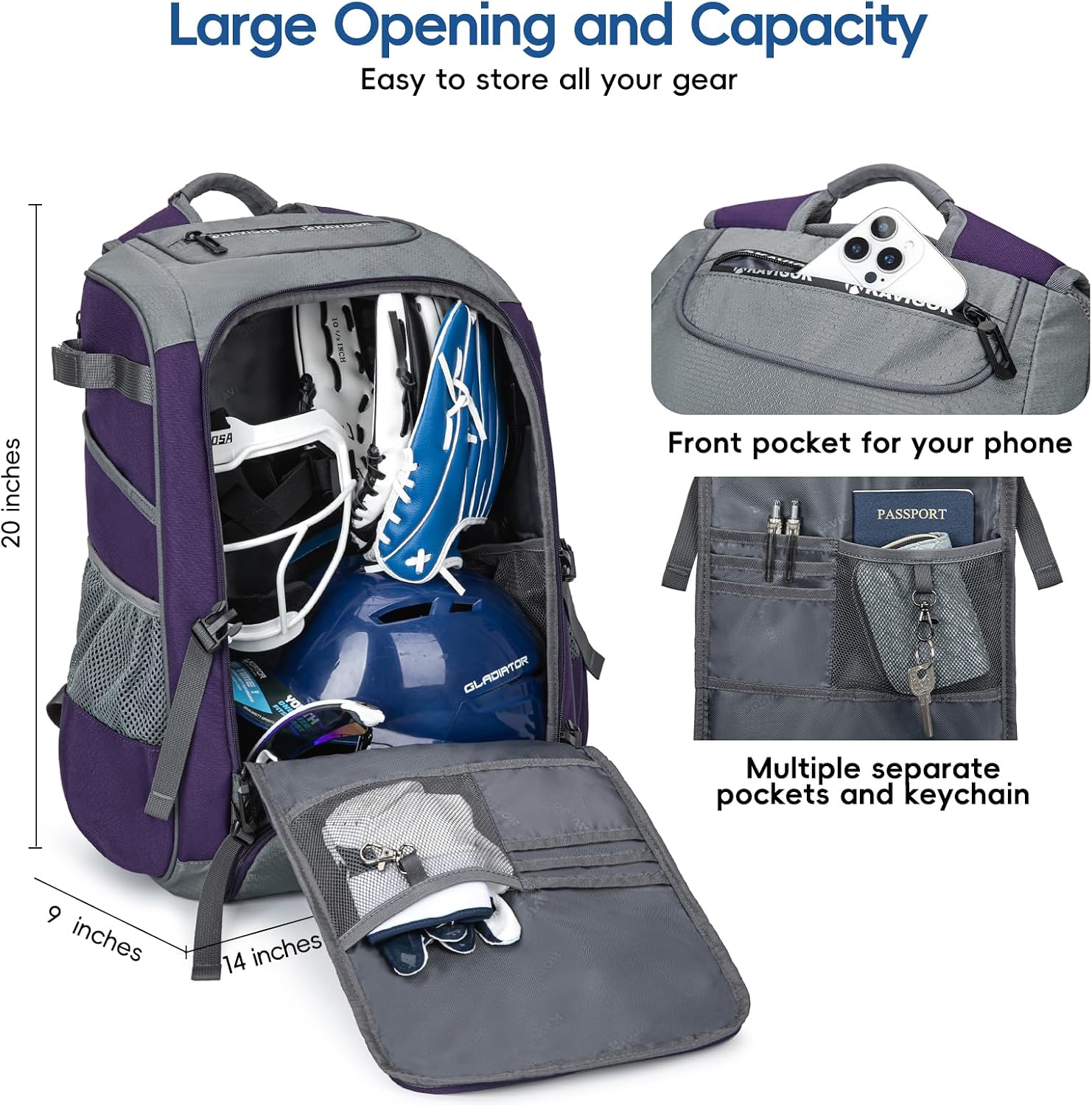 KAVIGOR Baseball Bag for Youth and Adult, Softball Backpack 50L Large Capacity, Equipment Backpack with Laptop Compartment and Charge Port