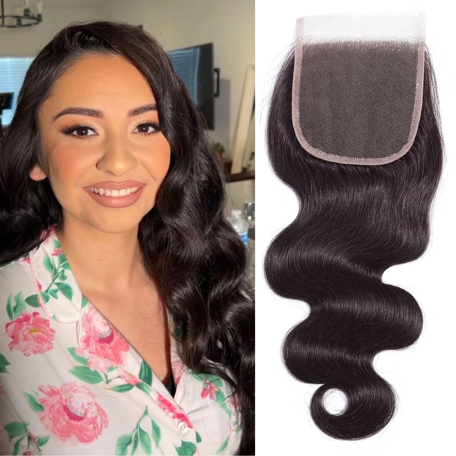 Huarisi 4x4 Transparent Lace Closure Human Hair Body Wave 10 Inch Brazilian Short Wavy Closures with Baby Hair Sew in Natural Hairline Free Part Soft for Black Women