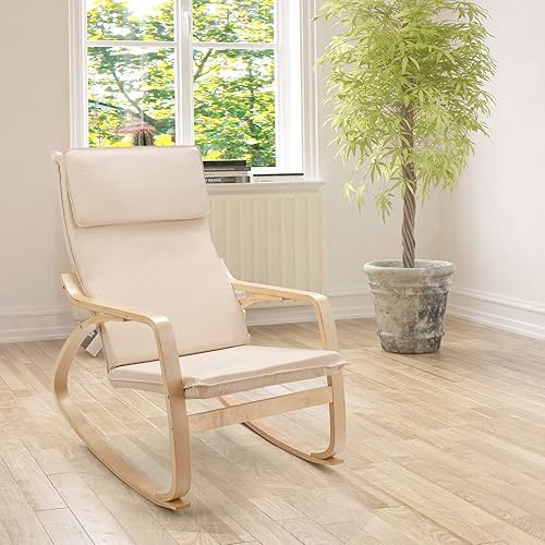 Miniatura 8 de Giantex Mecedora con cojín tapizado extraíble, marco de madera estable, sillón relajante y moderno para ocio, adecuado para sala de estar,