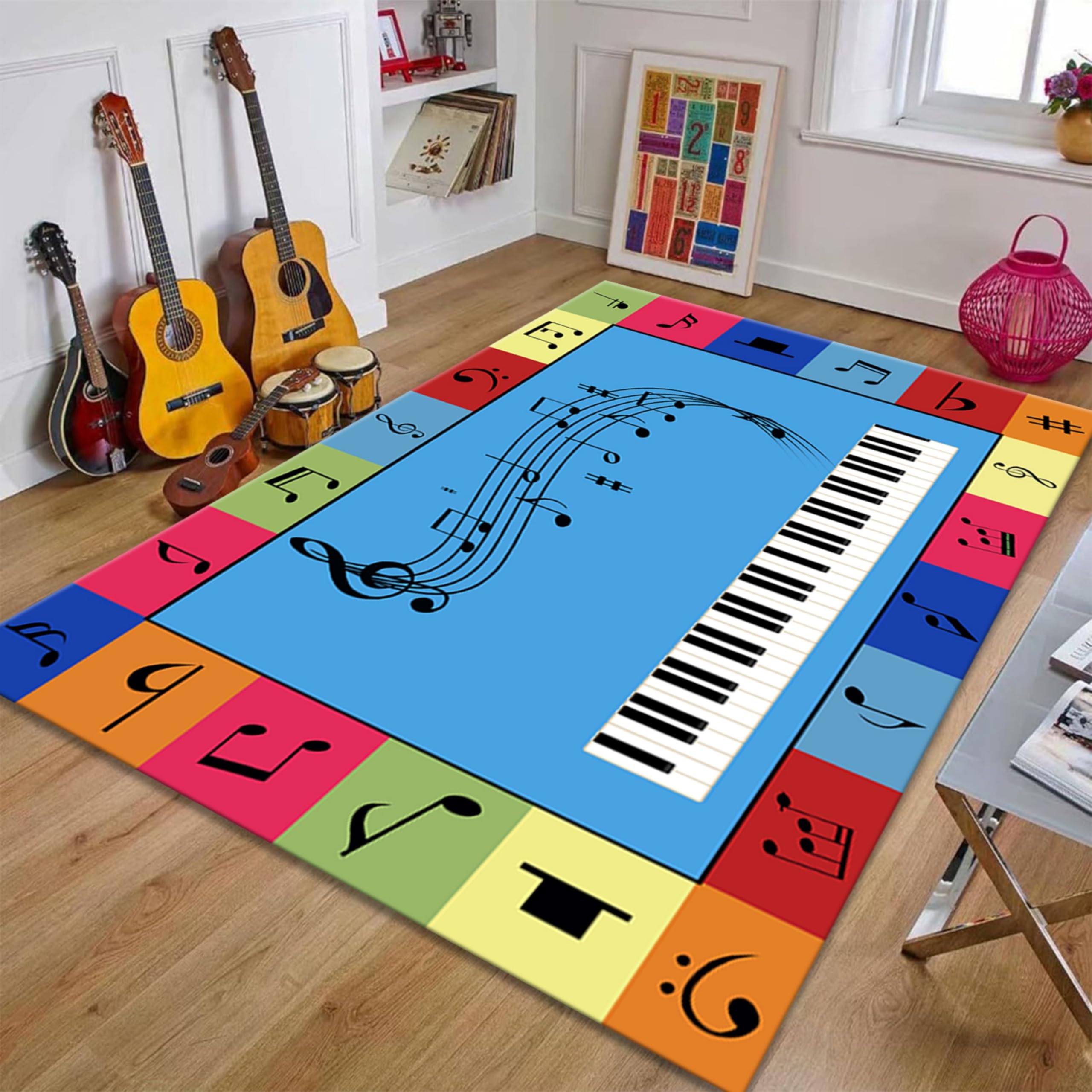 Puyosvr Kid Music Area Rug,4x5ft,Color Musical Notation Children's Games Rug,Classroom Piano Key Decoration Carpet,Machine Washable Breathable Durable