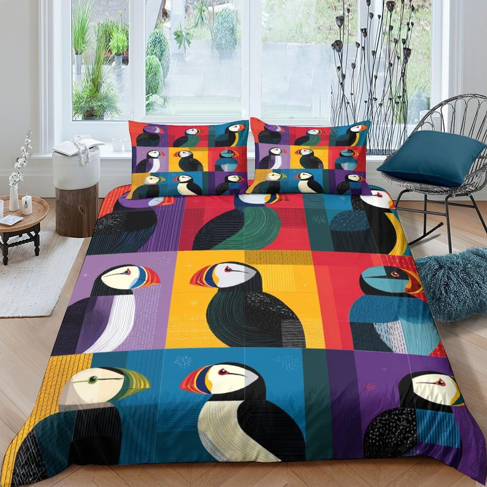 GPLZQXKJNH 3D Printed Colorful Puffin Duvet Cover Microfiber Soft Breathable Nordic Birds Bedding Set with 2 Pillowcases for Bedroom Home Decor Single（135x200cm）