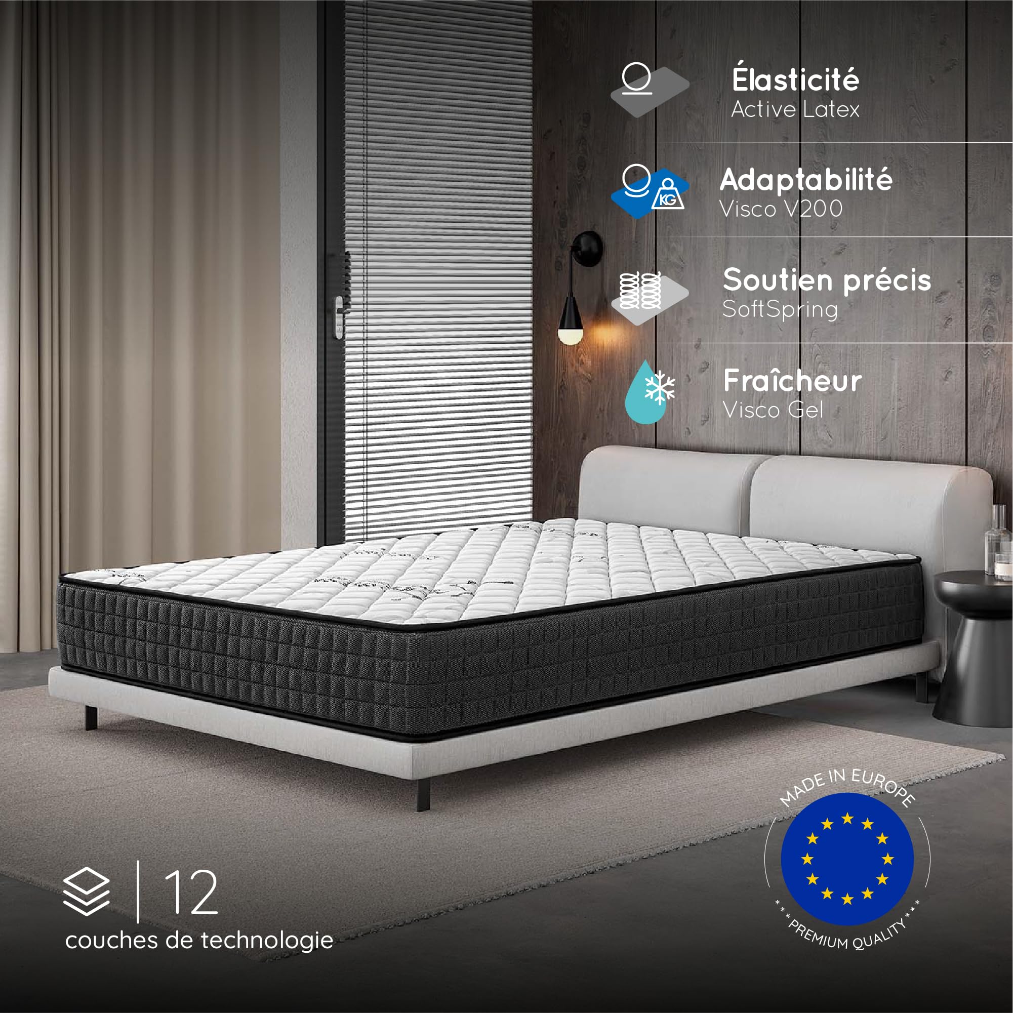COSMOS - Matelas Gamma 180x200 - Épais 30 cm - Hybride - Noyau Ressorts Ensachés + Mousse Haute Densité - Accueil Blue Latex - Soutien Mi-Ferme - Couchage Indépendant - Réversible - Fabriqué en Europe