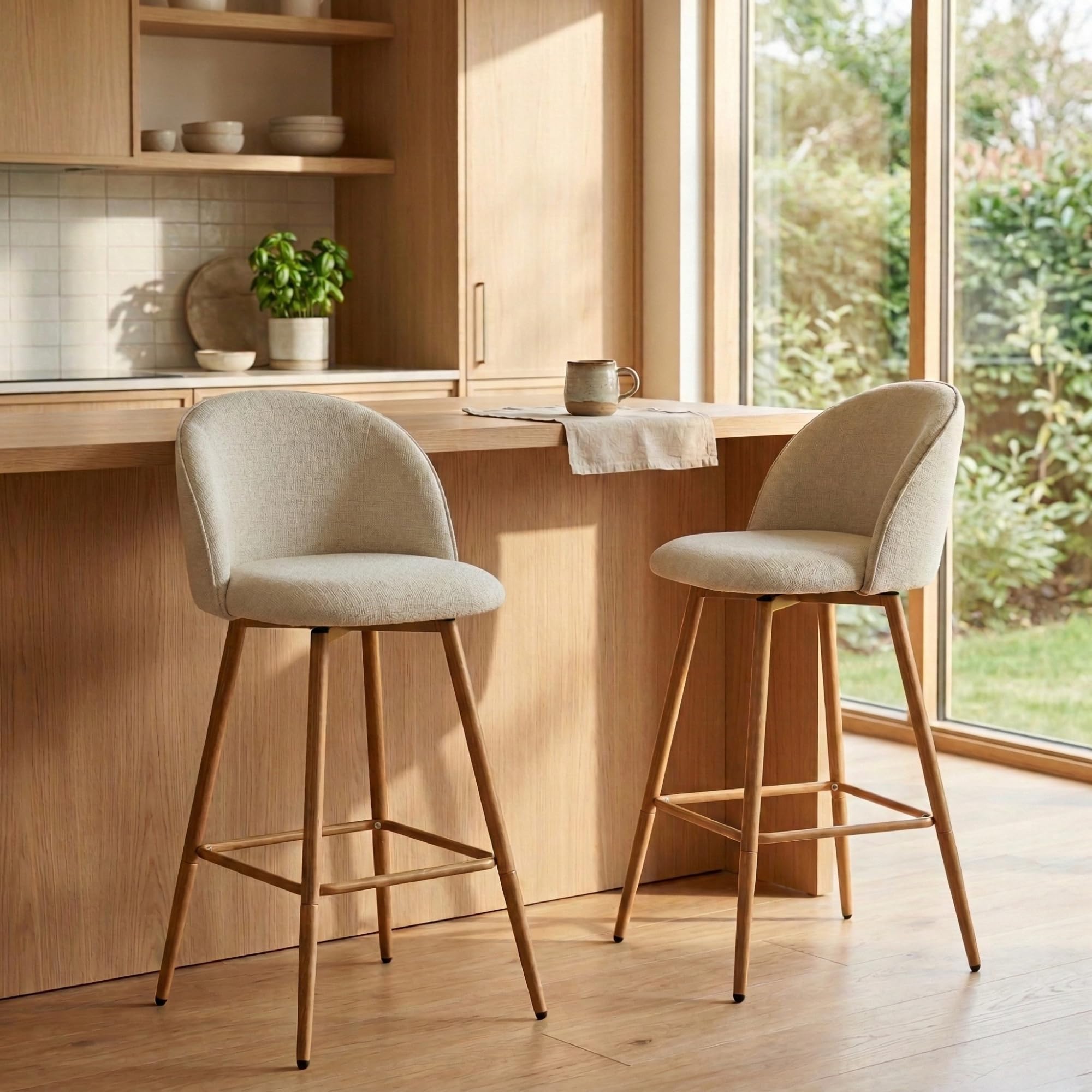 Homy Casa Set of 2 Swivel Counter Height Bar Stools with Ergonomic Seat Footrest and 26 Inch Seat Height for Kitchen Island Dining Room and Home Bar, Beige