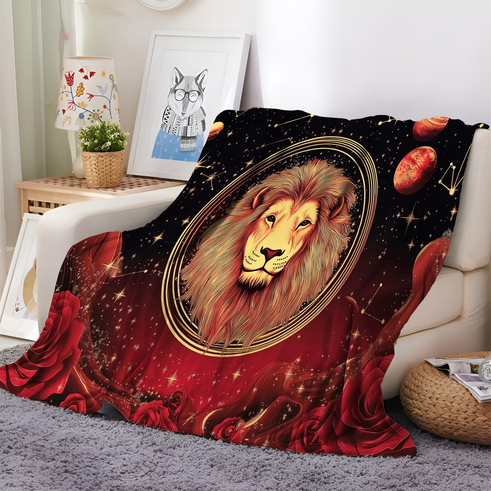 Couverture plaid polaire 200x200 cm lion 3D ultra douce et chaude pour canapé
