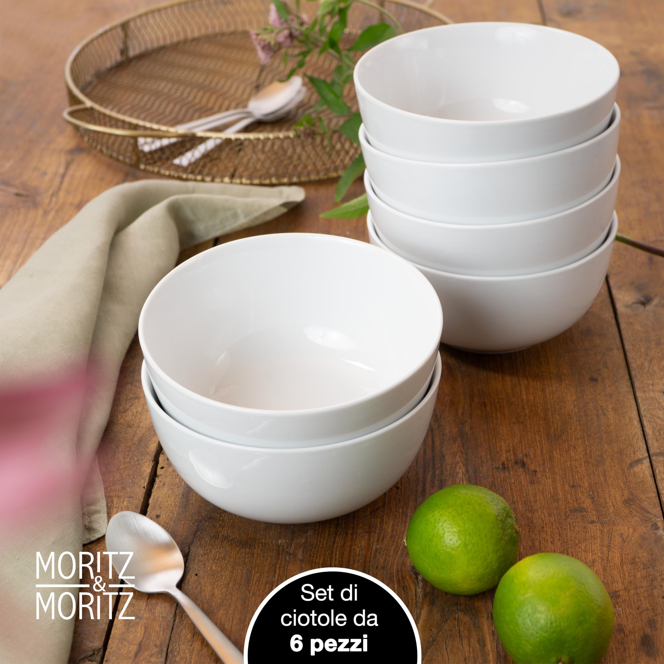 Moritz & Moritz BASIC set di ciotole in porcellana 6 pezzi - ciotole per cereali bianche Ø 14 x 7 cm, capacità circa 500 ml - bianco classico - ciotola per zuppe, insalate, dessert, muesli