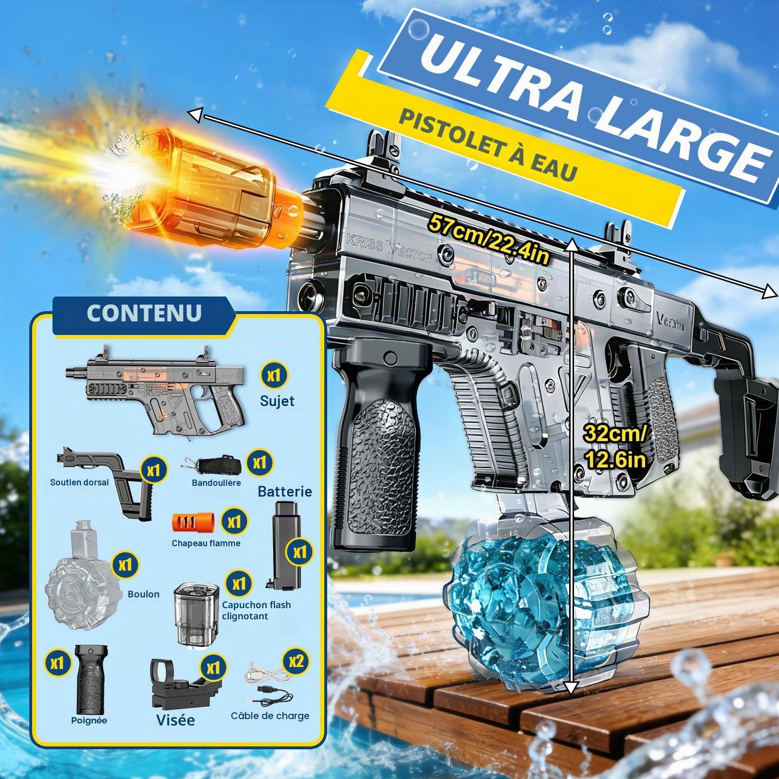 JONRRYIN Pistolet à Eau Électrique Rechargeable, Jet Puissant 8–10 m, Réservoir 600 ML, Double Remplissage Auto & Manuel, Embout Lumineux Amovible, Jouet d’Été pour Piscine, Plage, Jardin (Noir)