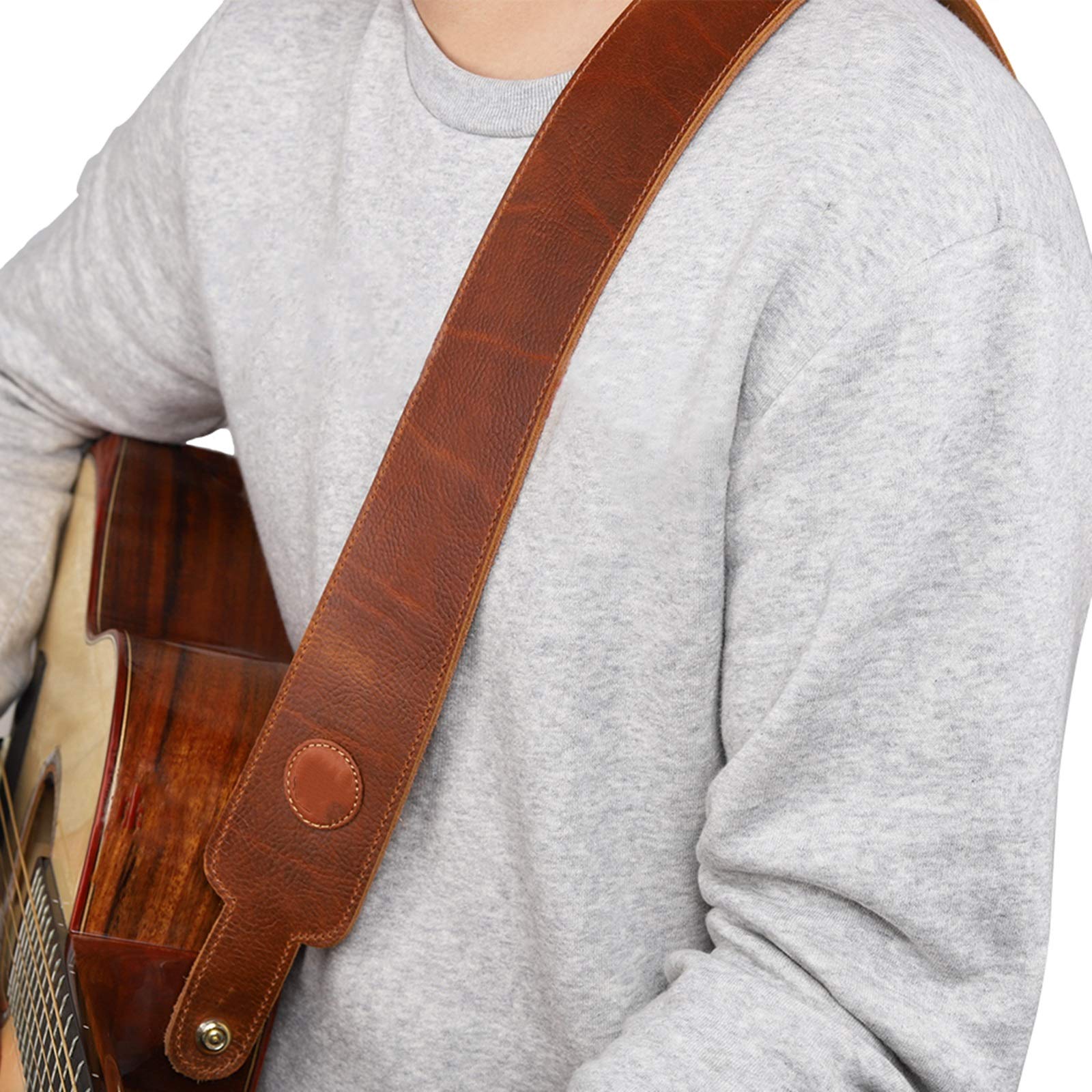 BOSUGE, Regulowany pasek do gitary Skórzany sztuczny pasek do gitary akustycznej do gitary akustycznej Elektryczna gitara basowa do basu, gitary (kolor: brązowy, rozmiar: 6,3x(120-140) cm)