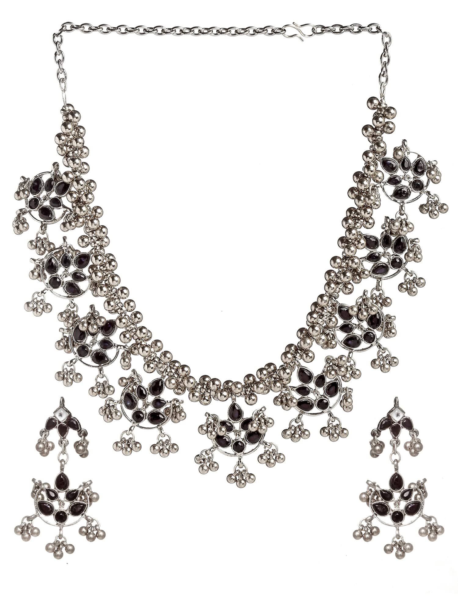 Karatcart Silver Tone Black Kundan and Tassel Ball Studded Choker Necklace Set for Women (B09RPYFFJ7) Amazon Price History, Amazon Price Tracker