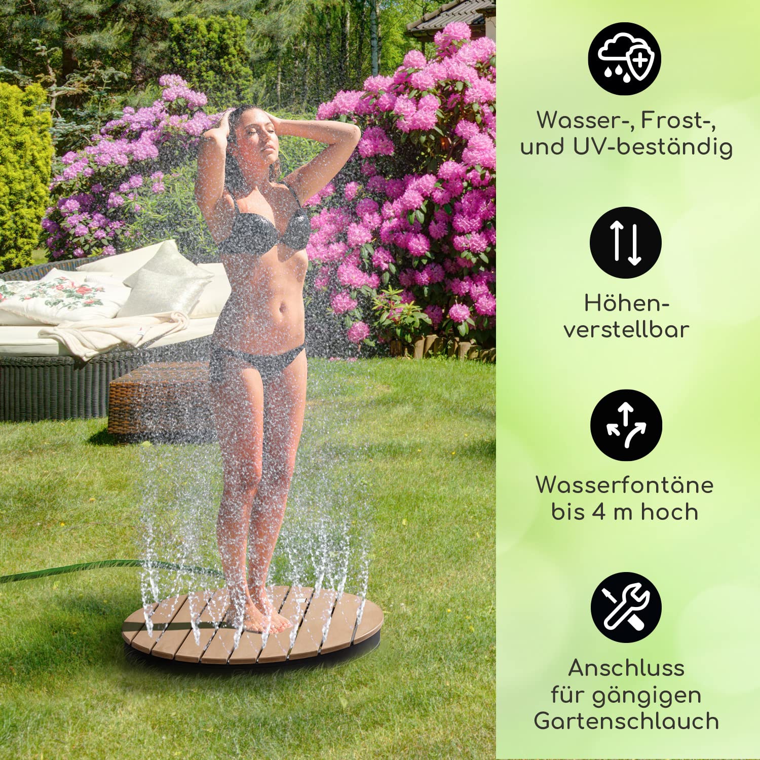 blumfeldt Mobile Gartendusche, Aussendusche für den Garten, Bodendusche mit 4m Fontänenhöhe, Boden-Gartendusche mit Holz-Optik für Pool & Sauna, Außendusche Wasserdicht, Frost- & UV-Beständig