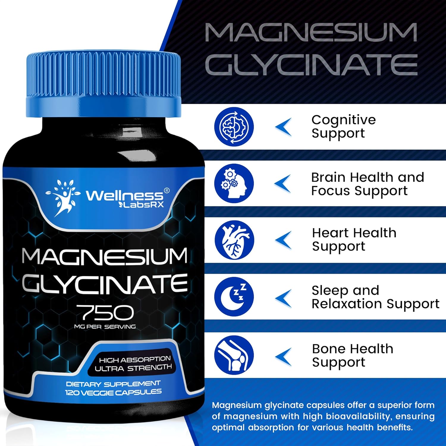 Magnesium Glycinate Capsules - 750mg | 120 Count, Magnesium Supplement for Women and Men - Pure Complex Glicinato De Magnesio, High Absorption, Heart Health, Sleep Supplement - 2 Packs