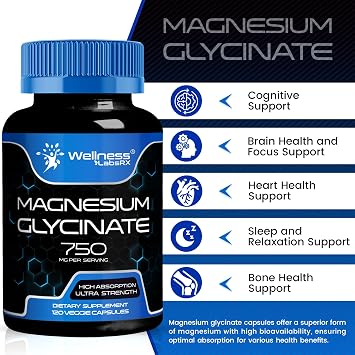 Magnesium Glycinate Capsules - 750mg | 120 Count, Magnesium Supplement for Women and Men - Pure Complex Glicinato De Magnesio, High Absorption, Heart Health, Sleep Supplement - 2 Packs