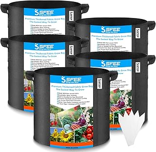 Sfee 5 Pack 7 Gallon Grow Bags Fabric Pots, Non-Woven Aeration Potato Grow Bag Thickened Heavy Duty Garden Pots with Handles Grow Bag for Vegetables, Plants, Flowers, Fruits+5 Waterproof Labels(Black)