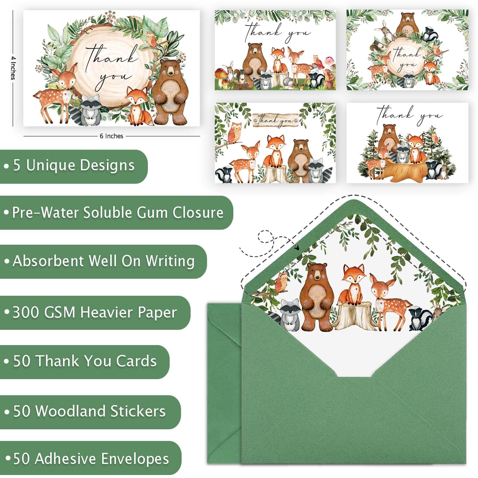Woodland Dankeskarten, Waldtiere, Dankeskarten, 10,2 x 15,2 cm, mit passenden Umschlägen und Aufklebern, grüne Notizkarten, Wald-Baby-Party, Geburtstag, Dankeskarten (50 Stück)