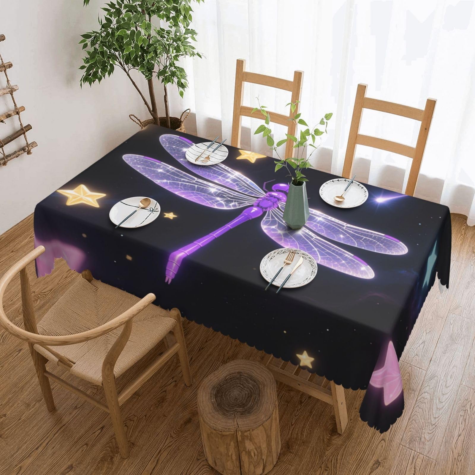 FekiLoot Rectangle Tablecloth 54 X 72 Inch, Classic Stain ‎Resistant Table Cloth Reusable Washable Table Cover Purple Dragonfly Shiny Stars Tabletop Decor for Kitchen Dining Party Indoor Outdoor Use
