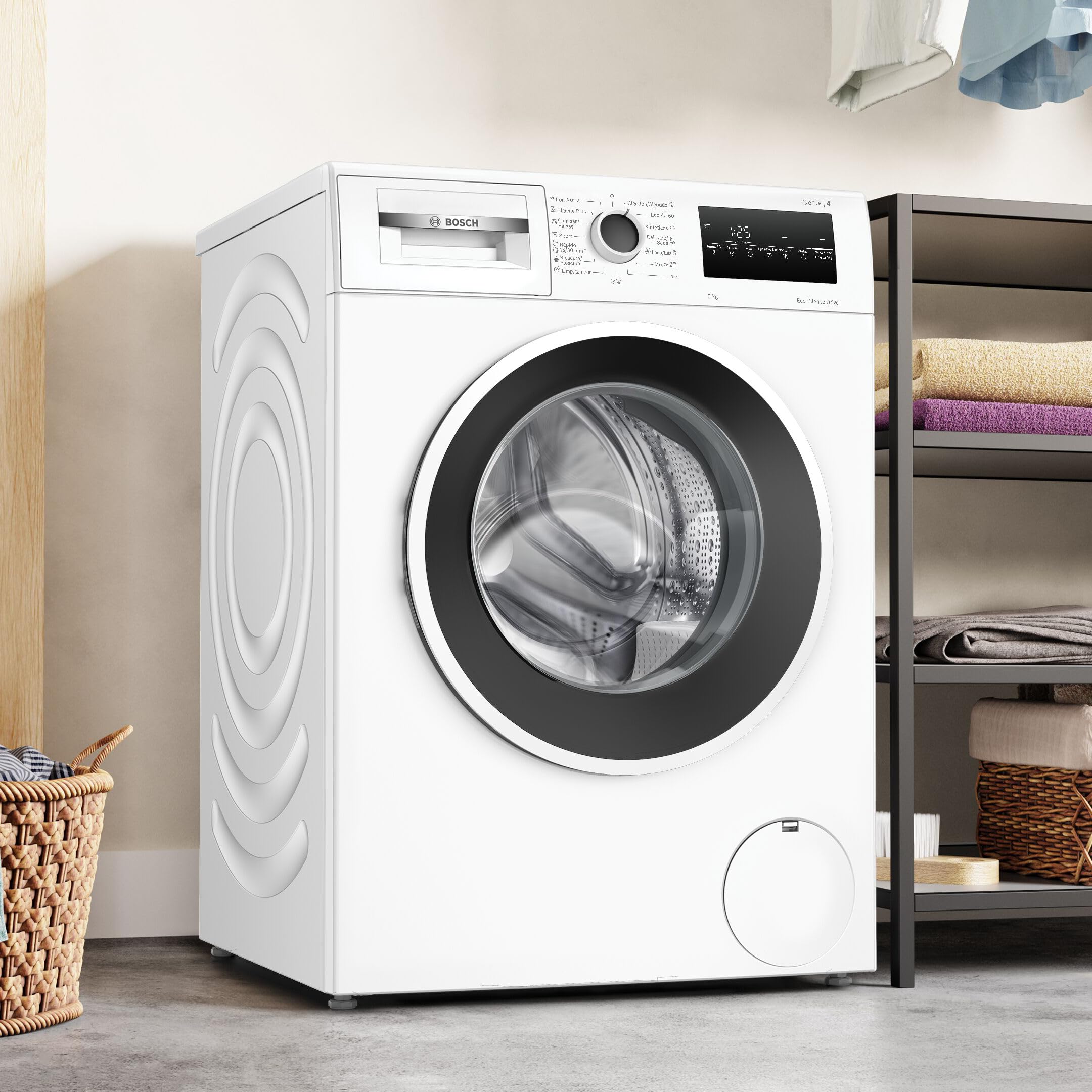 Bosch, Lavadora, Serie 4, 8 kg, Iron Assist, blanco, WAN28283ES | Planchado más fácil gracias al programa de vapor, con un motor silencioso y duradero.
