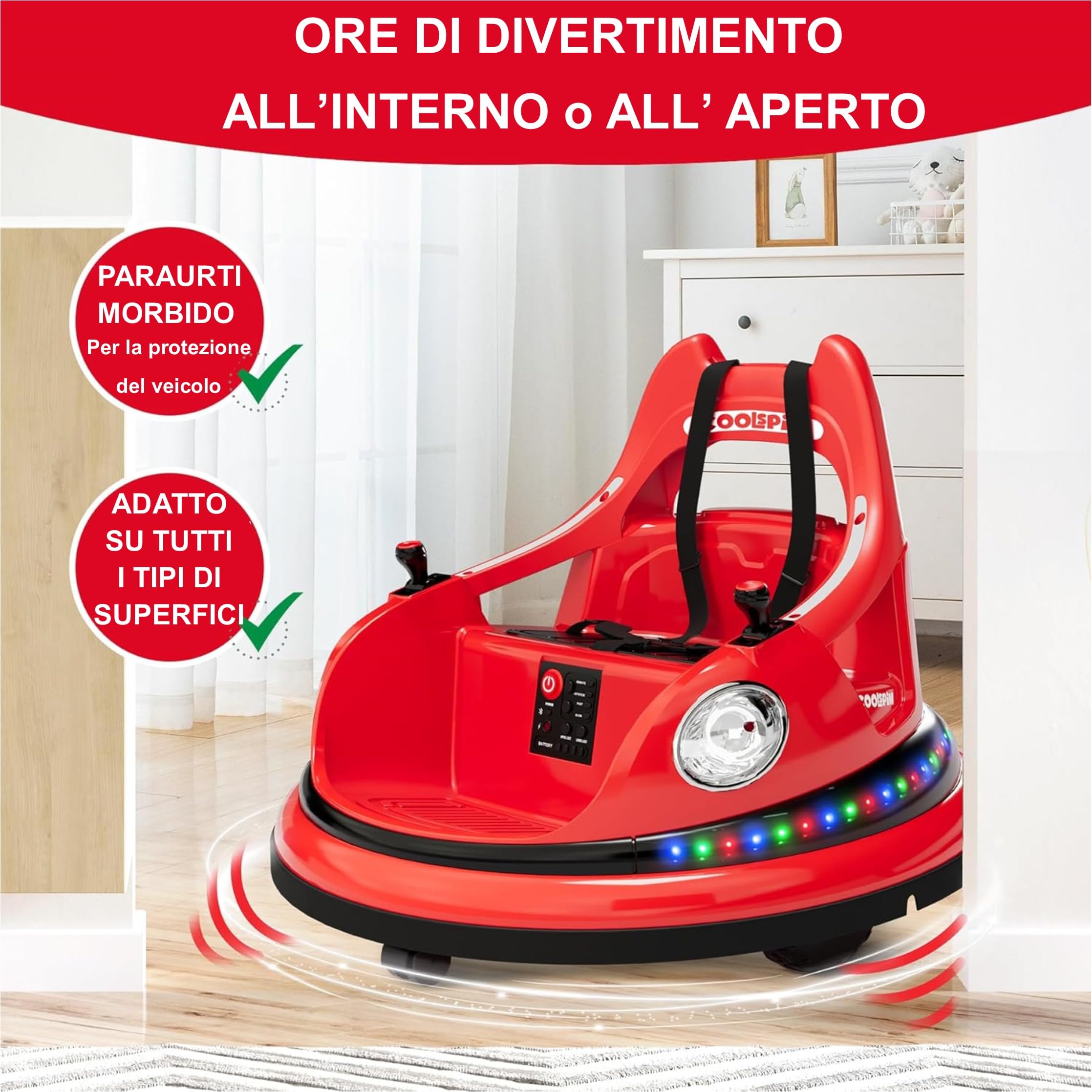 Autoscontro Elettrico 12V per Bambini Mondial Toys – Macchina Girevole 360° con Telecomando, Joystick, Cintura 5 Punti, Bluetooth, Luci LED, Musica, Paraurti, Giostrina da Casa (Rosso)