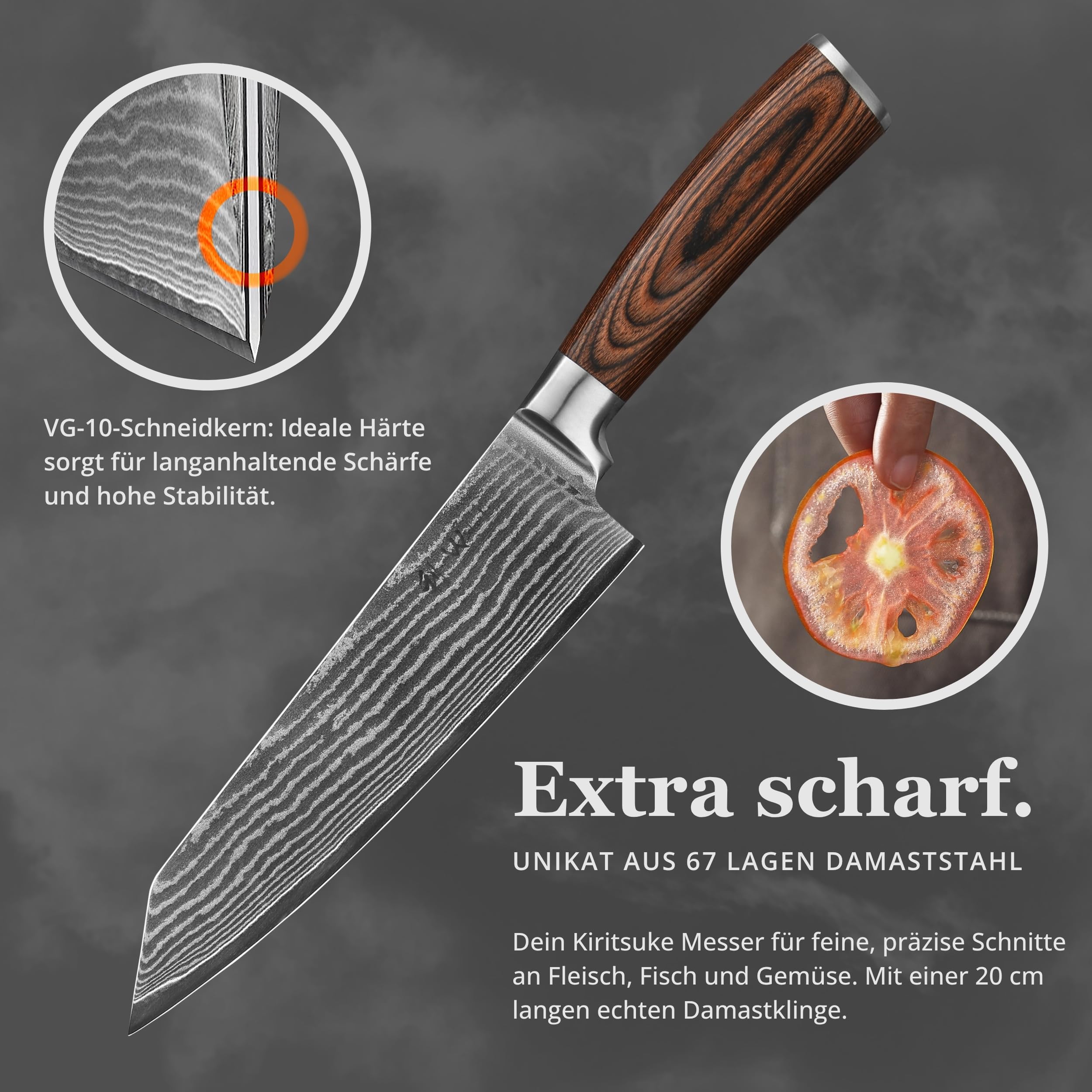 Wakoli EDIB Kiritsuke Messer mit 20 cm Klinge aus Damaststahl mit VG10 Kern | 67 Lagen, 60 ± 2 HRC, 33 cm Gesamtlänge, Pakkaholzgriff und Geschenkbox; beidseitiger V-Schliff für Fleisch, Fisch und Gemüse