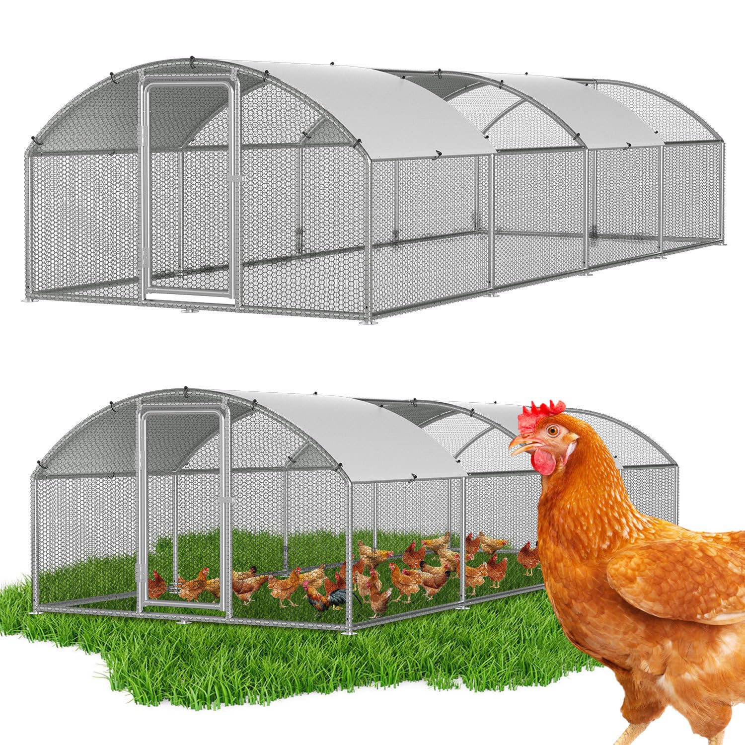 Gallinero de 3 x 8 x 2 m de metal, jaula para gallinas, jaula para animales pequeños, pajarera con lona en el techo, recinto para animales domésticos para pollos, aves de corral, accesorio de