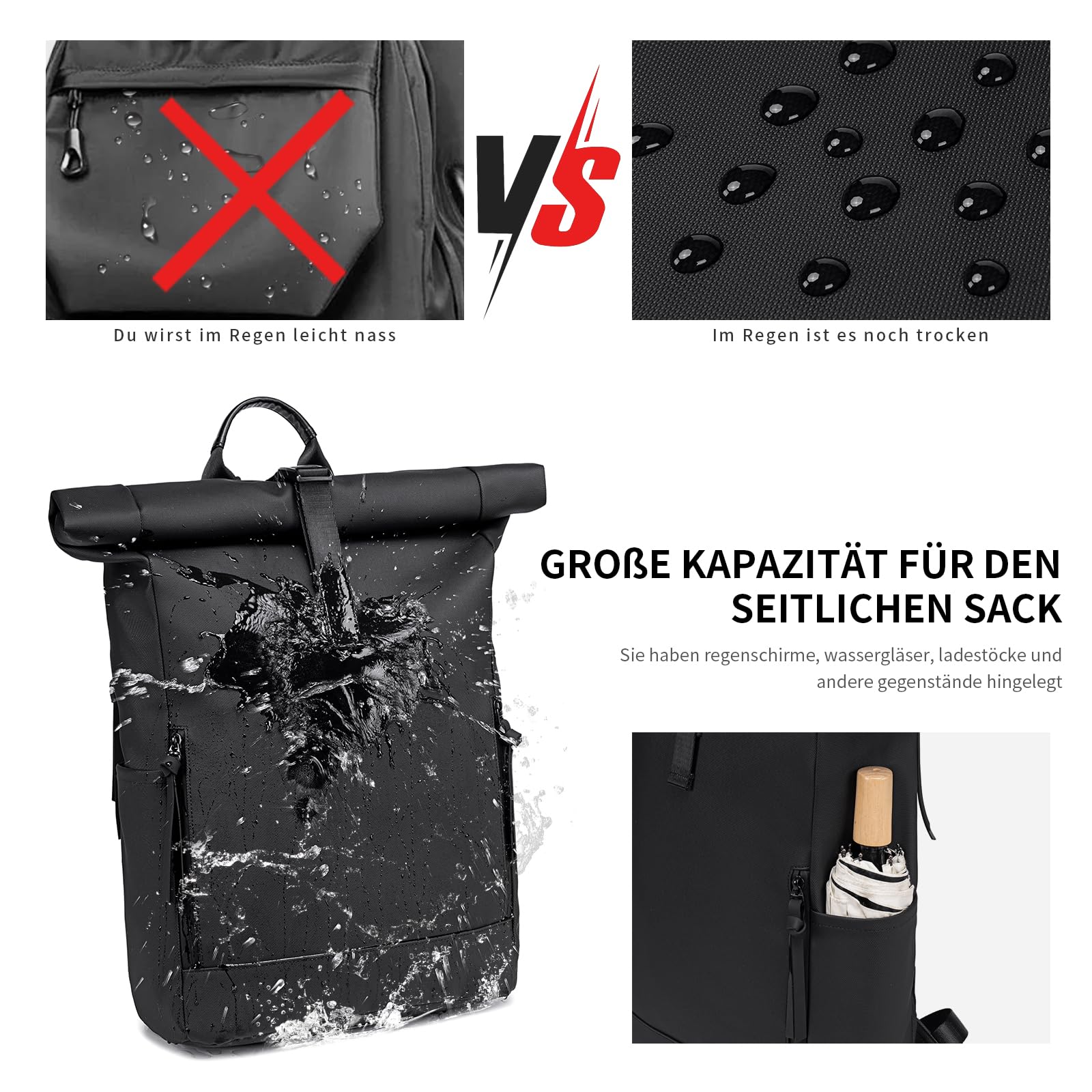 Rolltop Rucksack Damen Herren Groß Laptop Rucksack Wasserdichter mit Computerfach 17,3 Zoll Rucksäcke Schulrucksack 24L/32L Wasserfester Reiserucksack Handgepäck Flugzeug Arbeit Reisen Schwarz