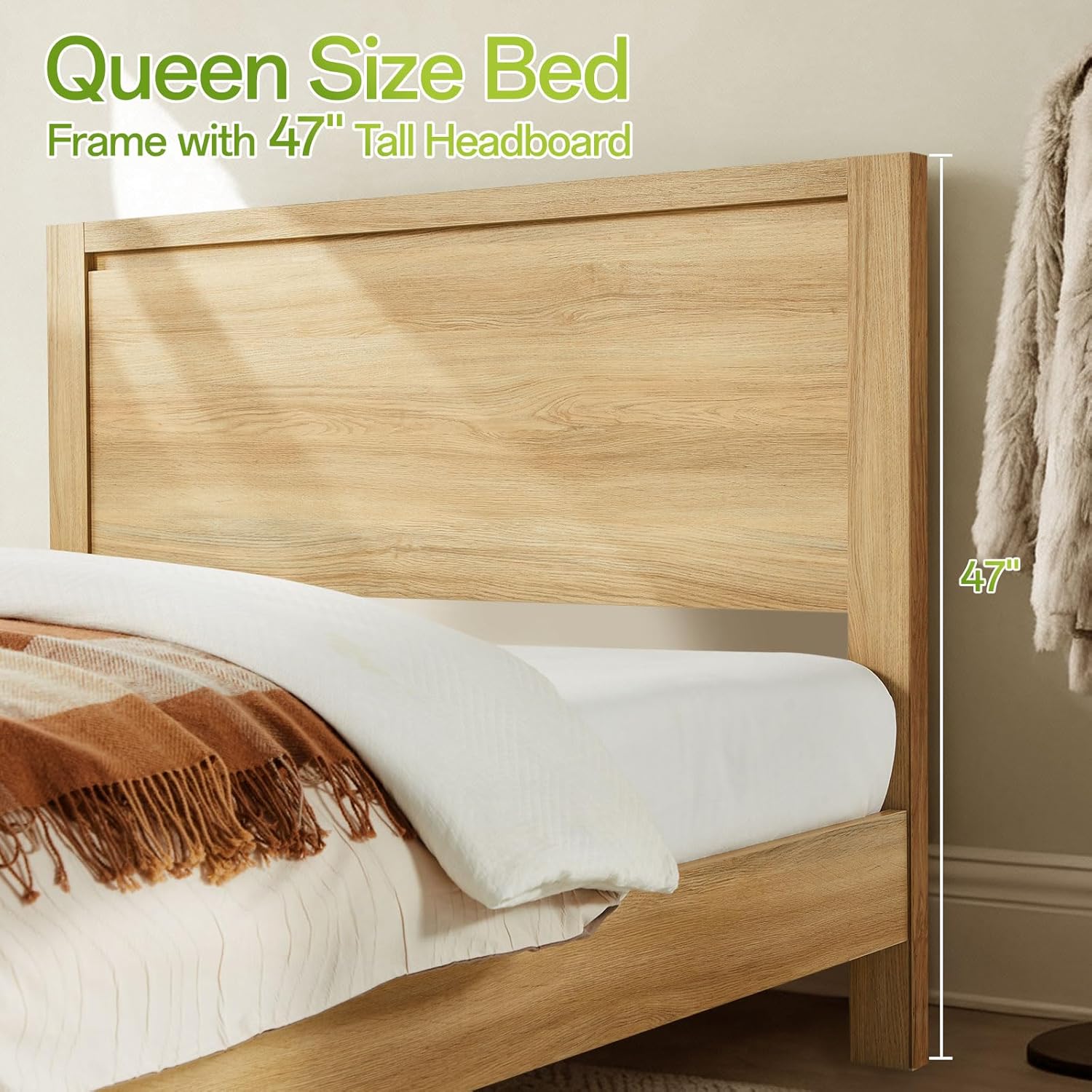 Queen Bed Frame with Headboard, Mid-Century Modern Queen-Size Bedframe with Wood Slat Support, Noise Free, No Box Spring Needed, 1000Lb Capacity, Easy Assembly, Natural Oak - Image 4