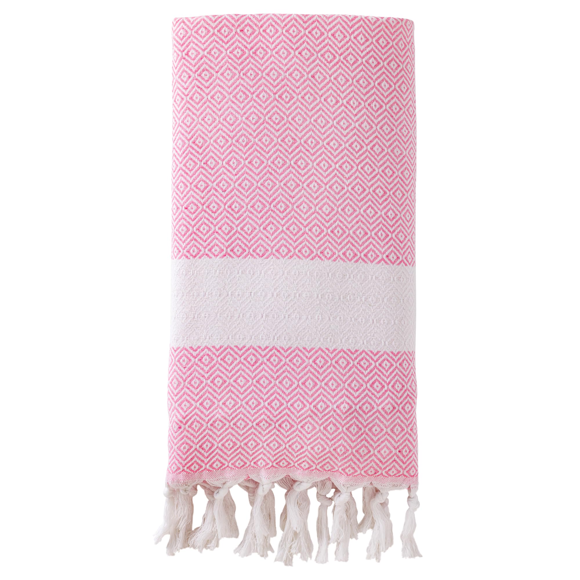 HMETOL 1 Pack Turkish Beach Towel, Geometric Design with Tassel, Sandproof, Quick Dry, Versatile As Yoga Mat, Picnic Blanket, Travel Blanket Pink 180 x 100cm
