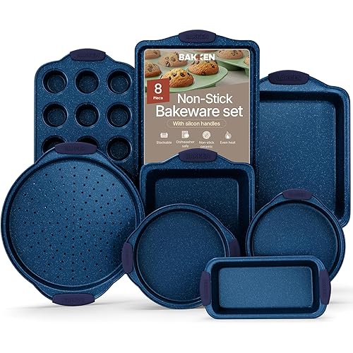 BAKKEN Kitchen Baking Pan Set - Nonstick Coating, Carbon Steel Bakeware Sets with Blue Silicone Handles, Baking Kitchen Essentials, PFOA, PFOS, PTFE Free, Oven Safe Tray (Up To 450° F), Set of 8