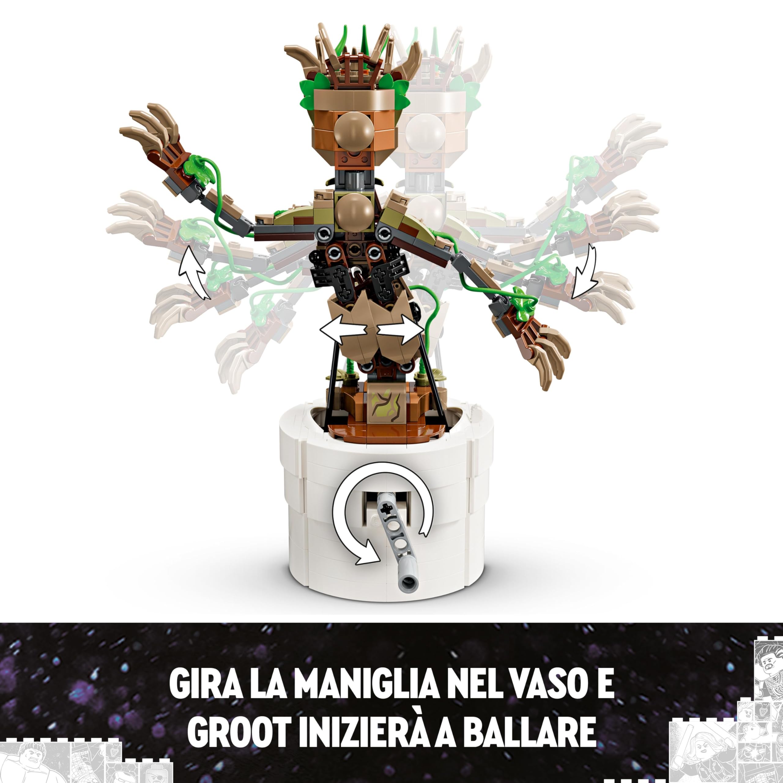 LEGO Marvel Groot Ballerino, Personaggio Giocattolo da Costruire con Funzione Danzante, Giochi Animati per Bambini e Bambine da 7 Anni in su, Idea Regalo Supereroe Avengers da Collezione 76297