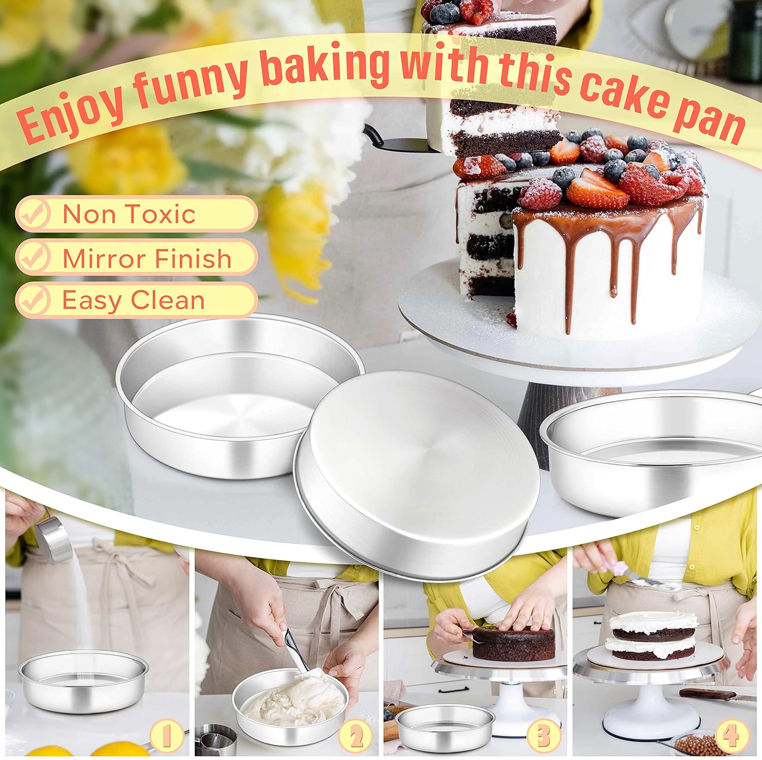 Herogo 8 Inch Round Cake Pan Set of 3, Stainless Steel Nonstick Layer Tier Birthday Wedding Cake Pans, Fit Oven Pots Pressure Cooker, Mirror Finish, Dishwasher Safe - Image 5