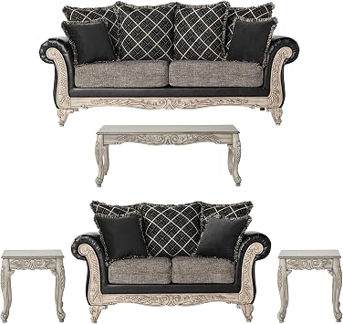 Classically Styled Hand-Carved Wood Frame Sofa and Loveseat Set with Rich Ebony Faux Leather, Gray Fabric Cushions, Patterned Back Pillows, and Antique Brushed Cream Finish 2+3 Seat Sofa + Table