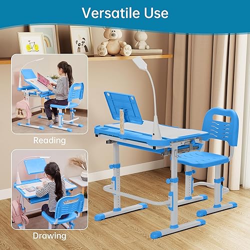 Miniatura 4 de Juego de escritorio y silla para niños, mesas de escritura de estudio escolar para niños con altura ajustable con escritorio inclinable, luz LED,