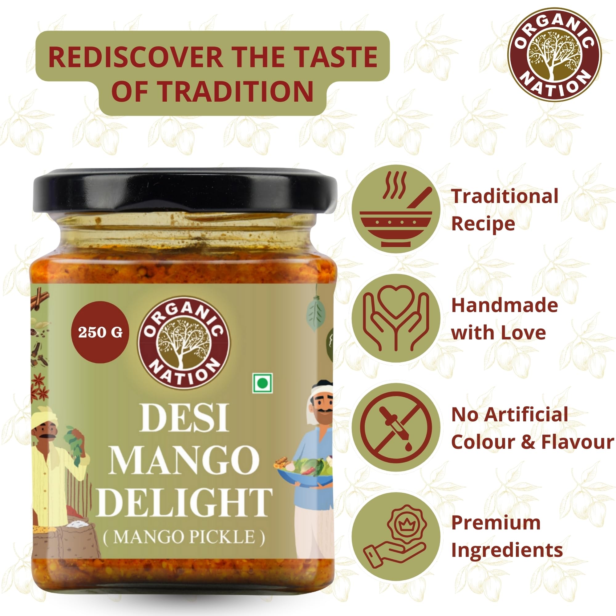 ORGANIC NATION Desi Mango Delight Mango Pickle Aam Ka Achar, Traditional Punjabi Mango Pickle, Flavorful Aam Achar, No Preservatives, Tasty like Homemade, 250g Jar, Vibrant Yellow 2