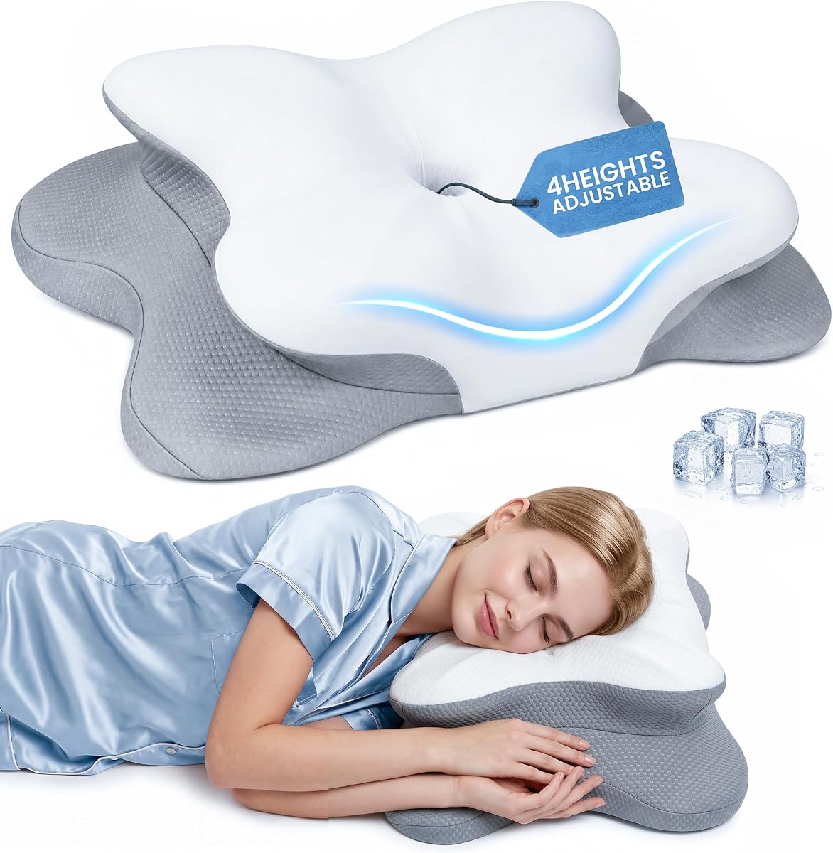 Almohada cervical para aliviar el dolor de cuello, almohada de contorno de espuma viscoelástica Oeko-TEX ajustable de 4 alturas para dormir, almohada ortopédica ergonómica para el cuello para quienes duermen boca arriba y boca abajo, soporte para el brazo