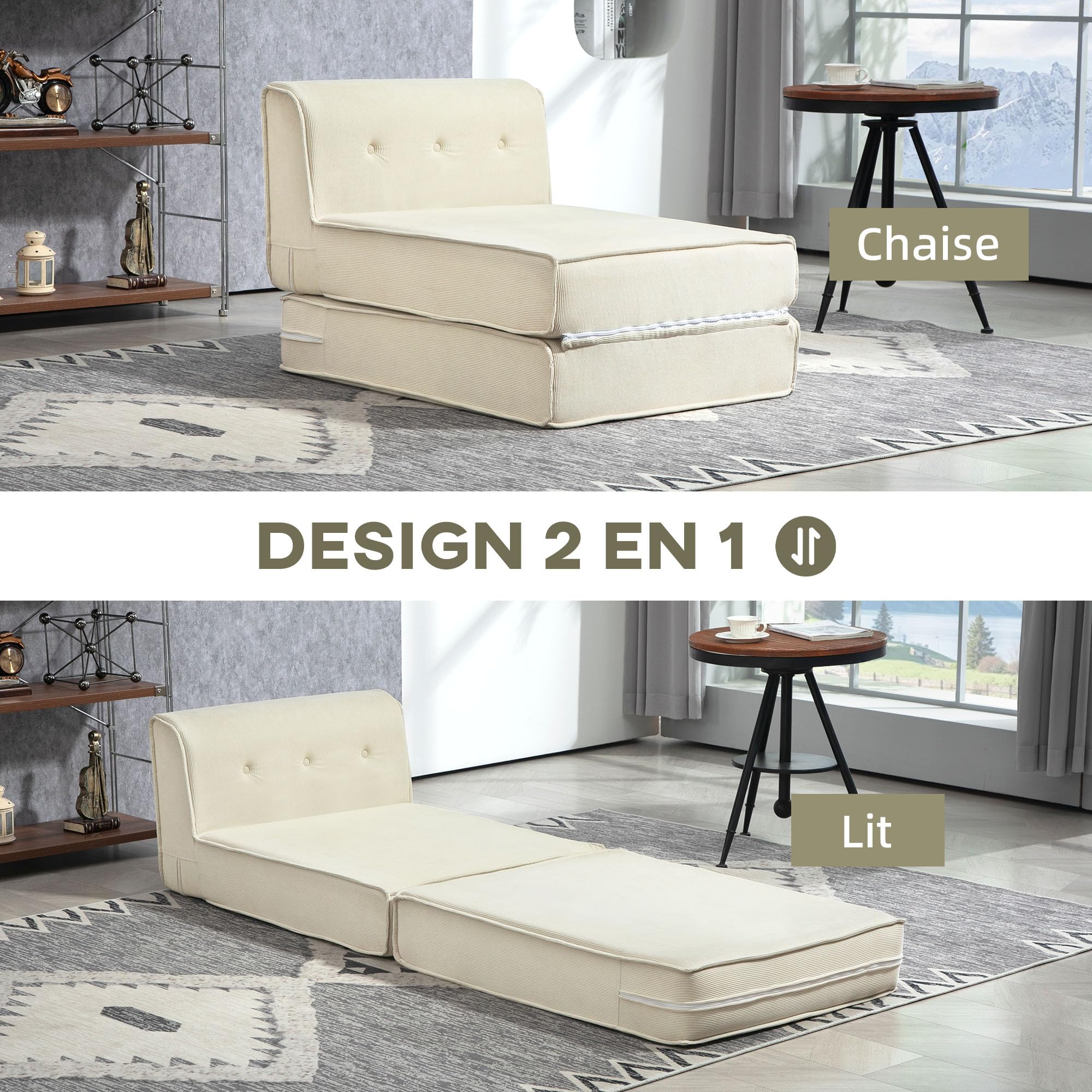 HOMCOM Fauteuil Convertible 1 Place Fauteuil Paresseux chauffeuse Une Place - Dossier capitonné, Matelas Pliable - pour invités, Salon, Charge 240 kg, Velours côtelé crème