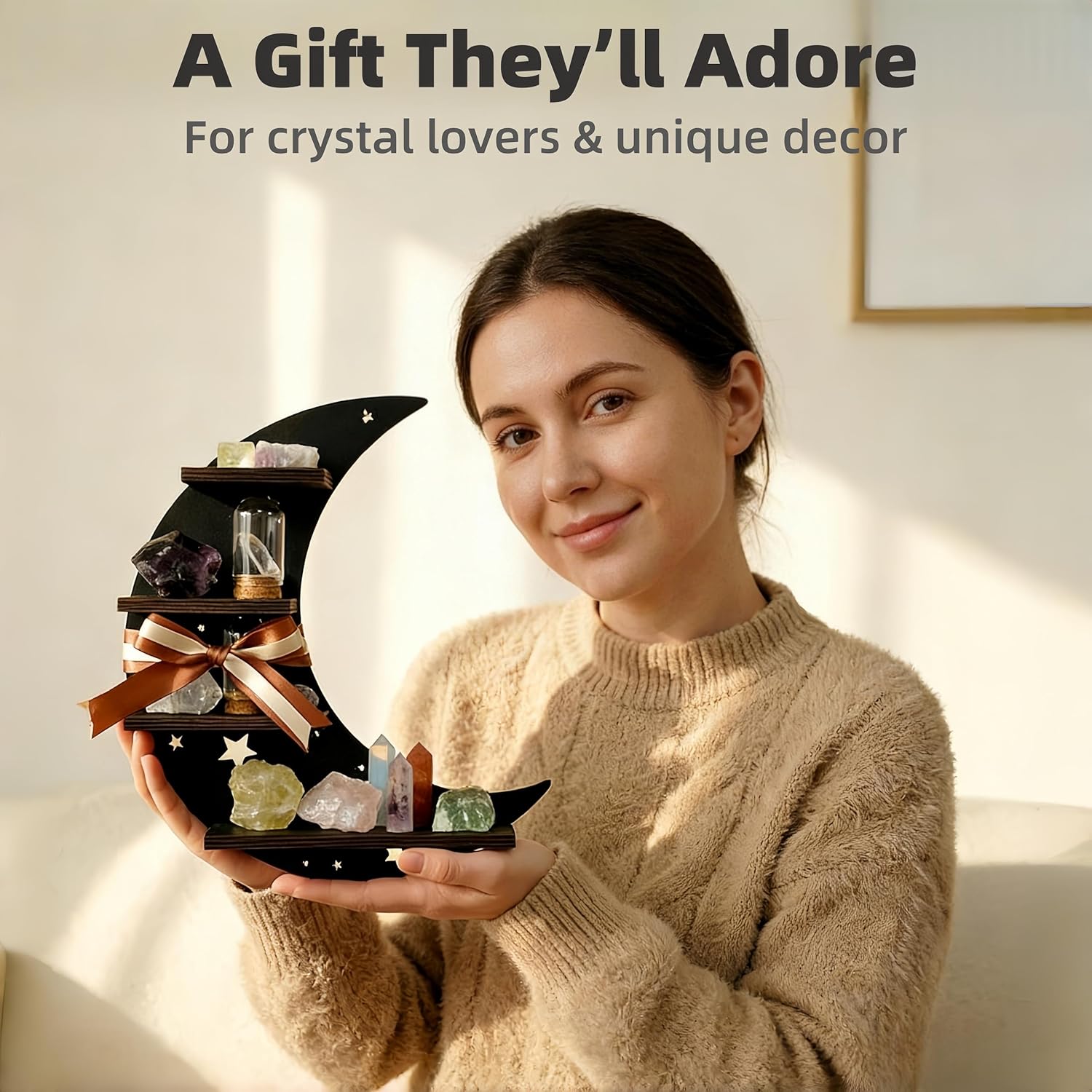 Moon Shelf with LED Light – 12" Moon Wall Light Floating Shelf, Witchy Decor for Bedroom, Unique, No Assembly Crystal & Trinket Display Wall Shelves for Boho Home