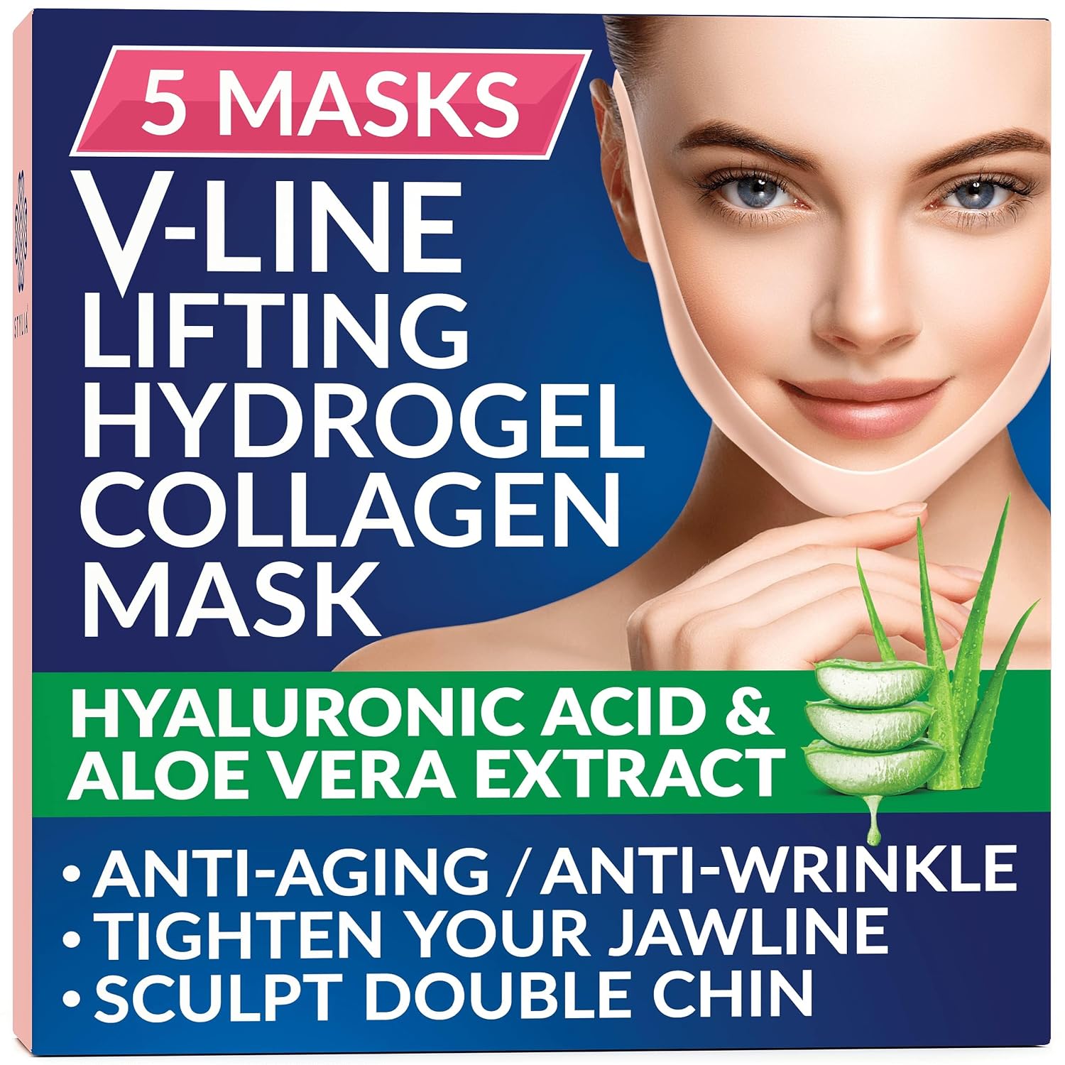 5 Piece Double Chin Tightener - V Line Shaping Face Masks - Toning Hydrogel Collagen Mask with Hyaluronic Acid & Aloe Vera - Anti-Aging and Anti-Wrinkle Band