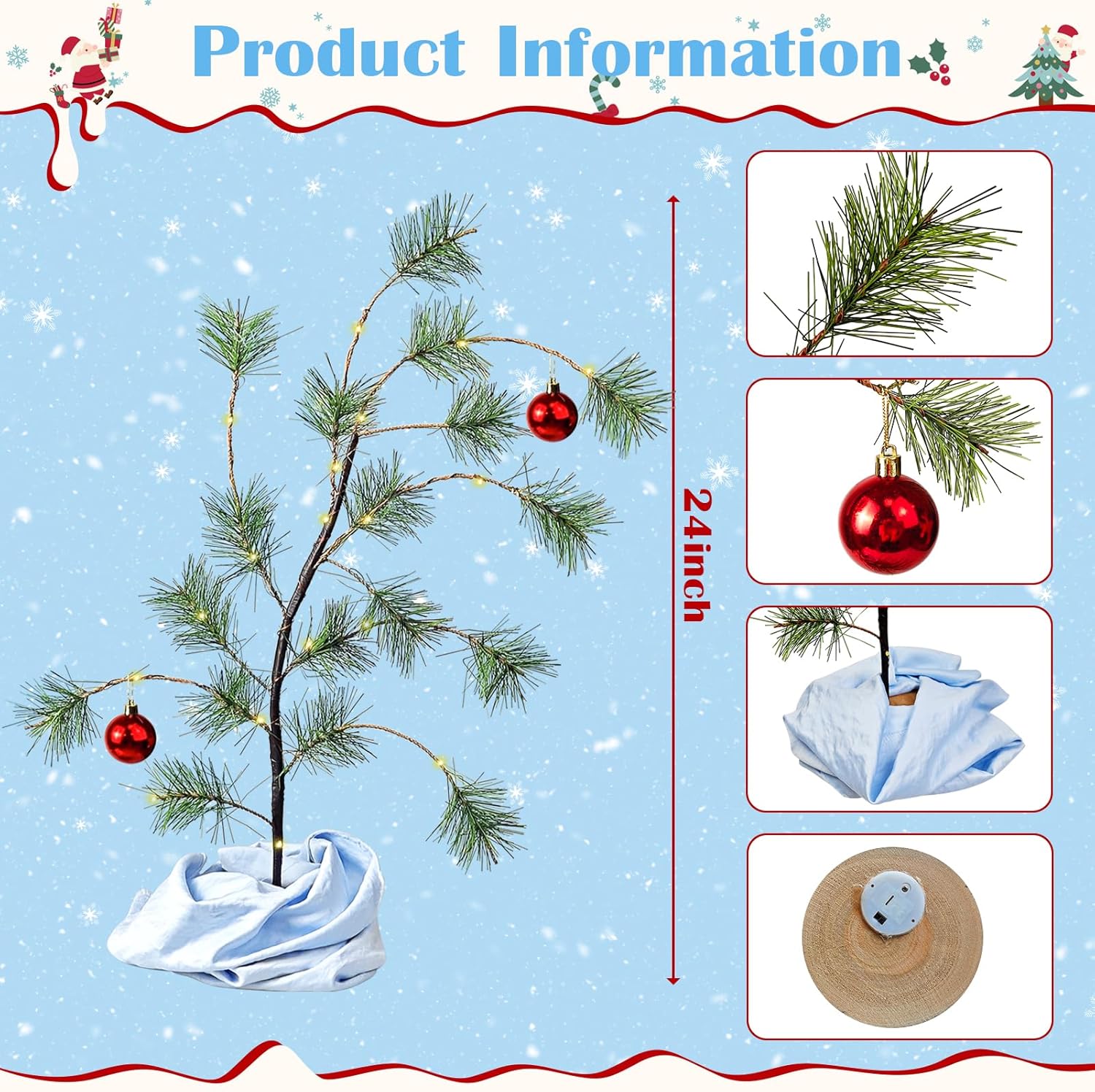 24 Tabletop Christmas Tree with Red Glossy Ball, Wooden Stand Mini Christmas Bent Tree with Blue Blanket Holiday Décor,Holiday Memories Decorations Gift