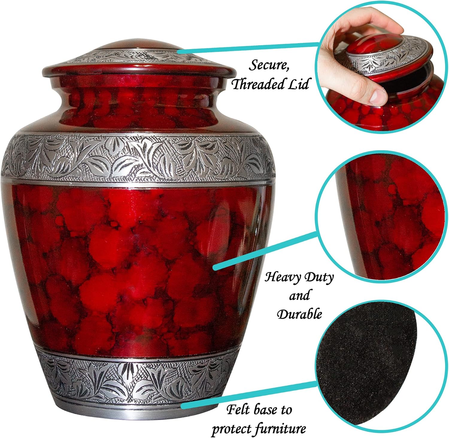 Maroon Cremation Urn, Personalized Red Adult Human Funeral Cremation Urn with Keepsake and Velvet Bag