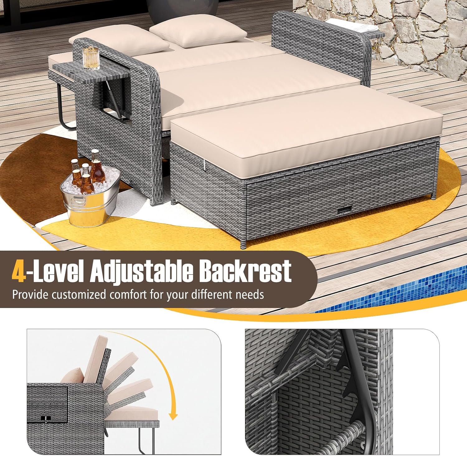 RELAX4LIFE Wicker Patio Outdoor Daybed - Rattan Day Bed Lounger w/Loveseat & Storage Ottoman, Sunbed Sofa Set w/Cushions, 4-Level Adjustable Backrest & 2 Retractable Trays, Patio Daybed (Beige-Grey)