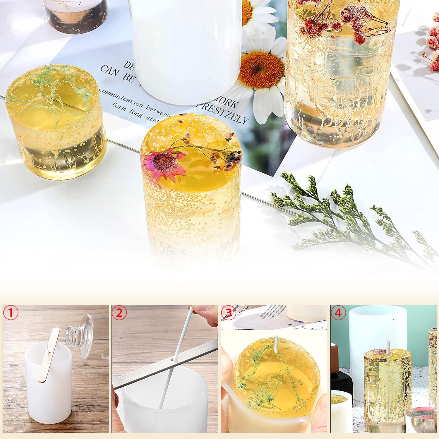 CDIYTOOL Lot De 5 Moules En Silicone Pour Bougies, Piliers Cylindriques Et Hexagonaux Et Moules En Résine En Forme De Poire, 20 Autocollants Pour