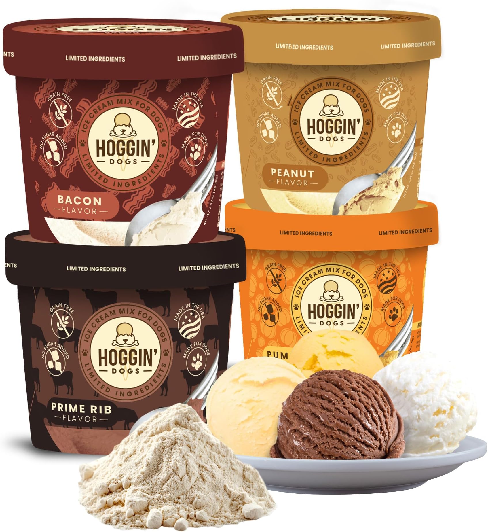 Hoggin Dogs Ice Cream Mix - Add Water and Freeze, All Natural, No Sugar Added, Made in USA by Puppy Cake 4 Pack Pumpkin, Bacon, Prime Rib and Peanut Flavors, 2.32 oz x 4